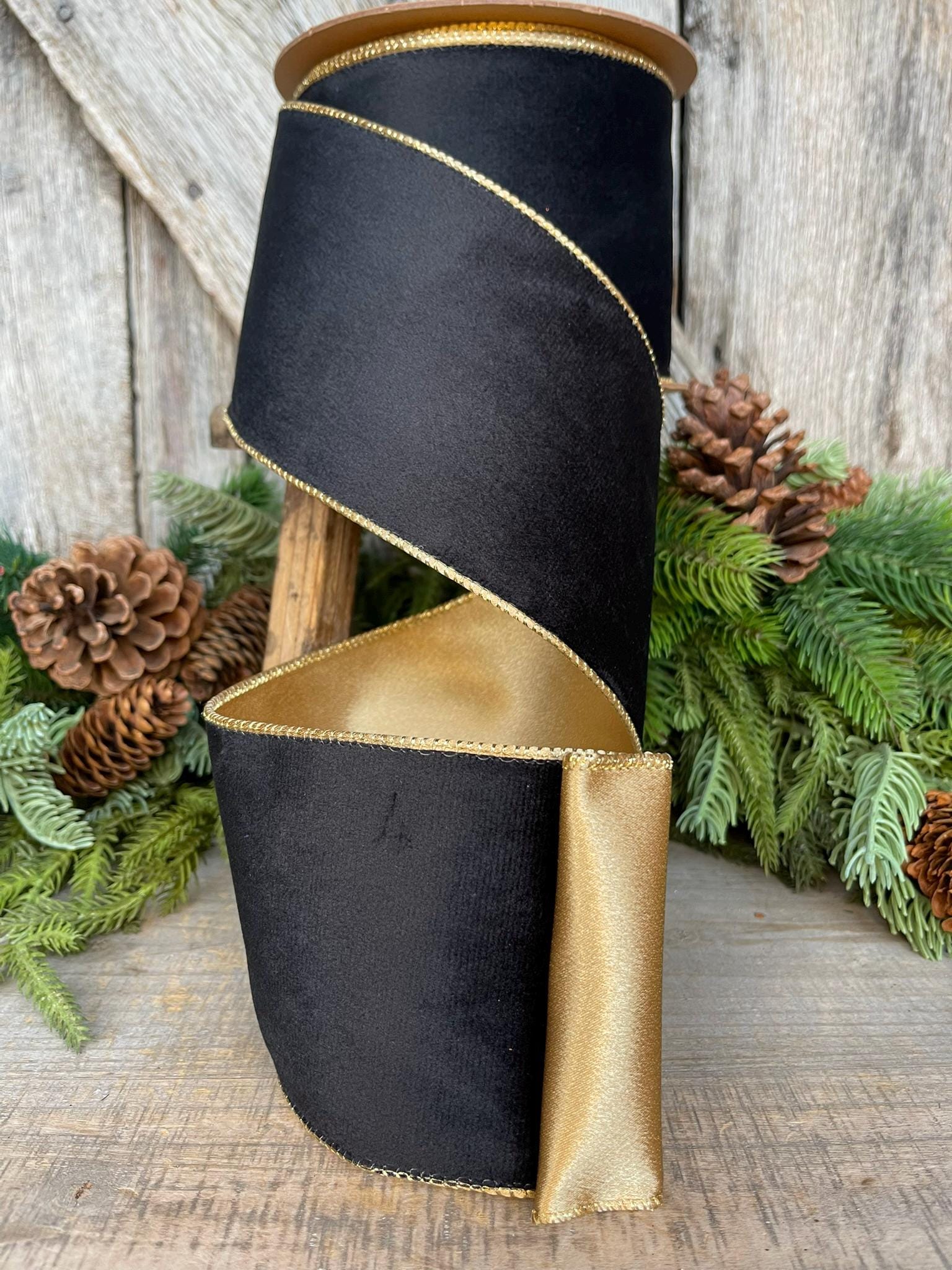 4" Black Velvet Ribbon, Wired RIbbon, Black Gold Velvet Ribbon