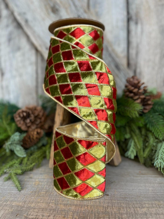 4" Red and Green Harlequin Velvet Ribbon, Christmas Ribbon