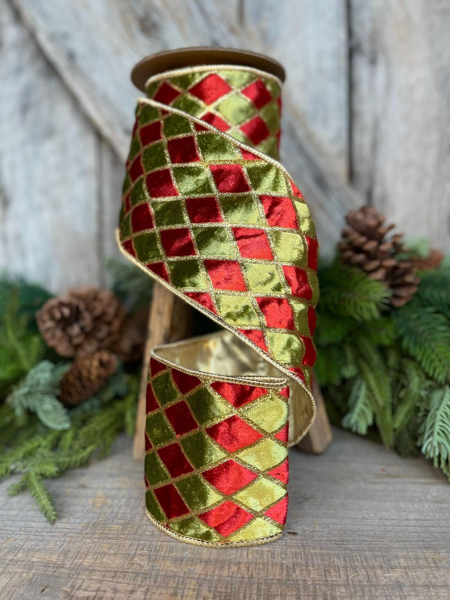 4" Red and Green Harlequin Velvet Ribbon, Christmas Ribbon