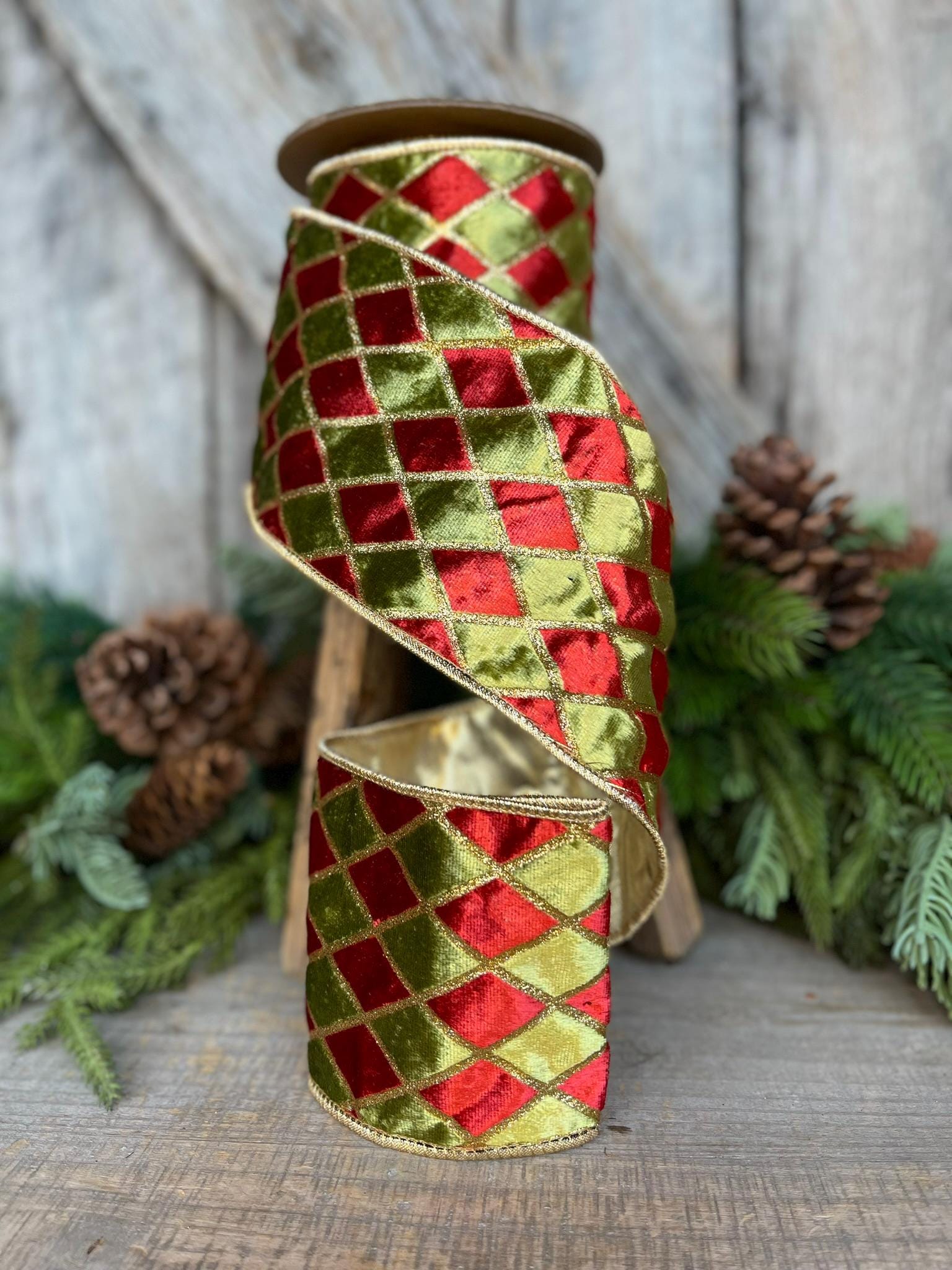 4" Red and Green Harlequin Velvet Ribbon, Christmas Ribbon