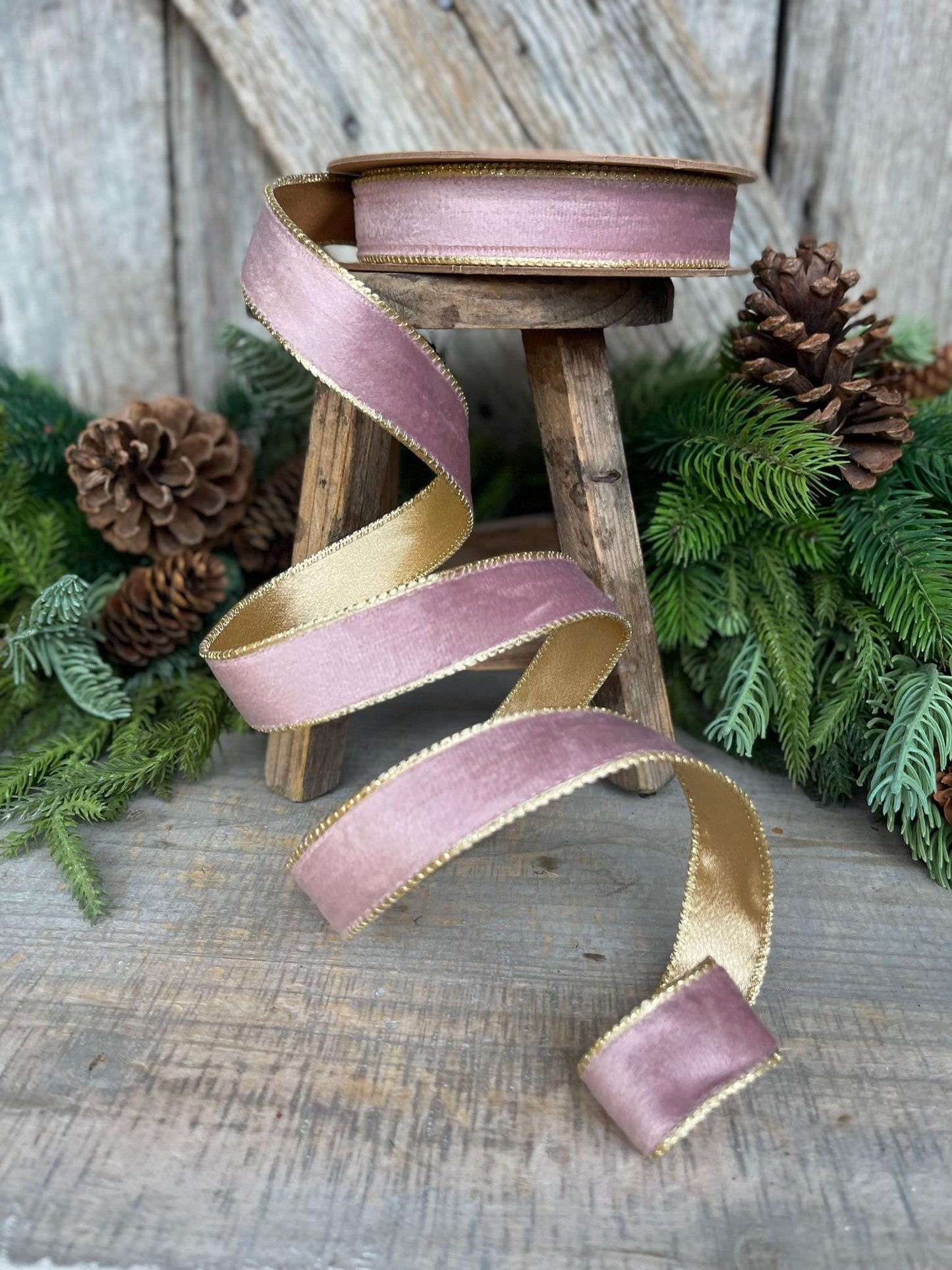 1" Dusty Pink Velvet Ribbon, Pink & Gold Velvet Ribbon, Wired Ribbon