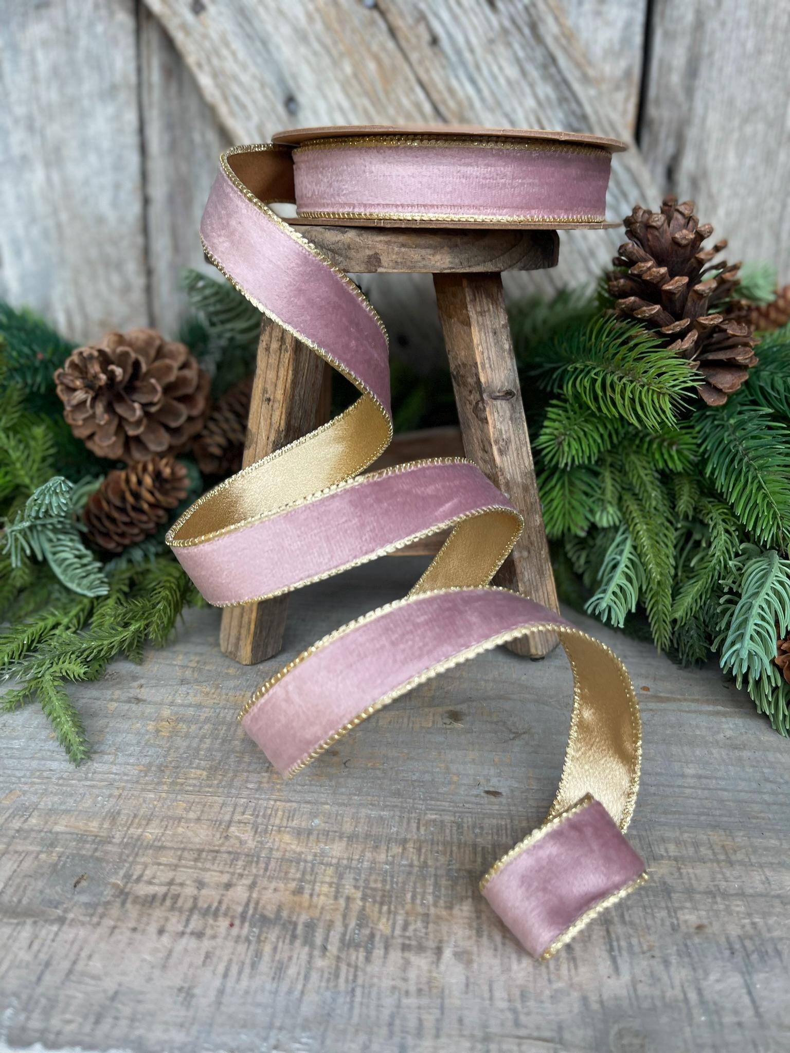 1" Dusty Pink Velvet Ribbon, Pink & Gold Velvet Ribbon, Wired Ribbon