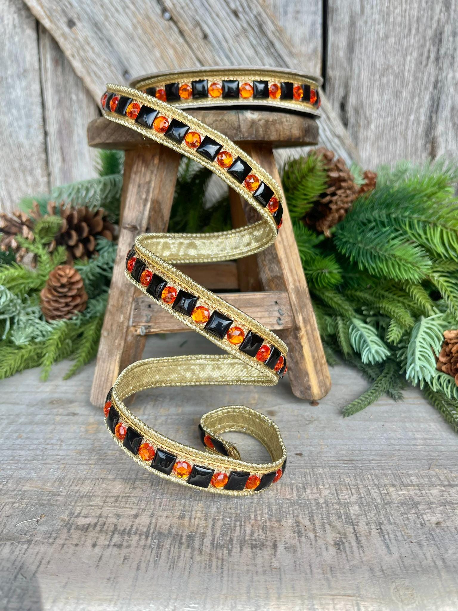 3/4" Halloween Garland Ribbon, Halloween Jeweled Ribbon, Orange Black Jeweled RIbbon