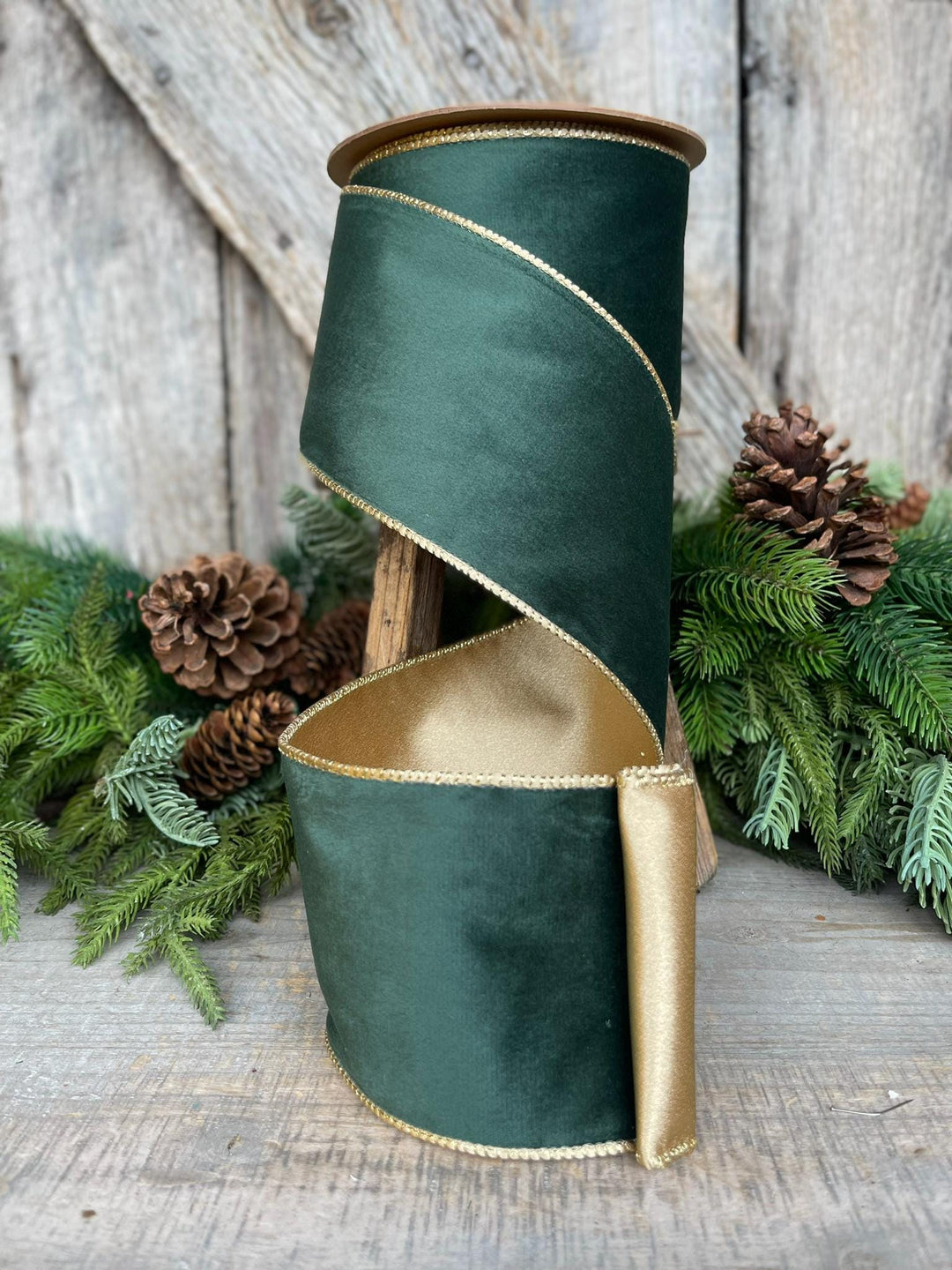 4" Green Velvet Ribbon, Green &amp; Gold Velvet Ribbon, Christmas RIbbon