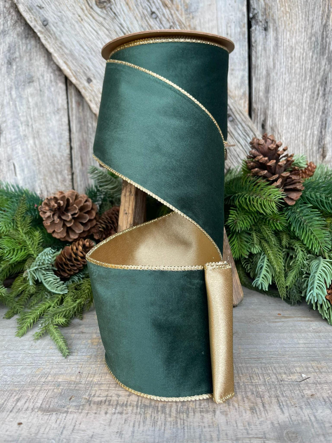 4" Green Velvet Ribbon, Green &amp; Gold Velvet Ribbon, Christmas RIbbon