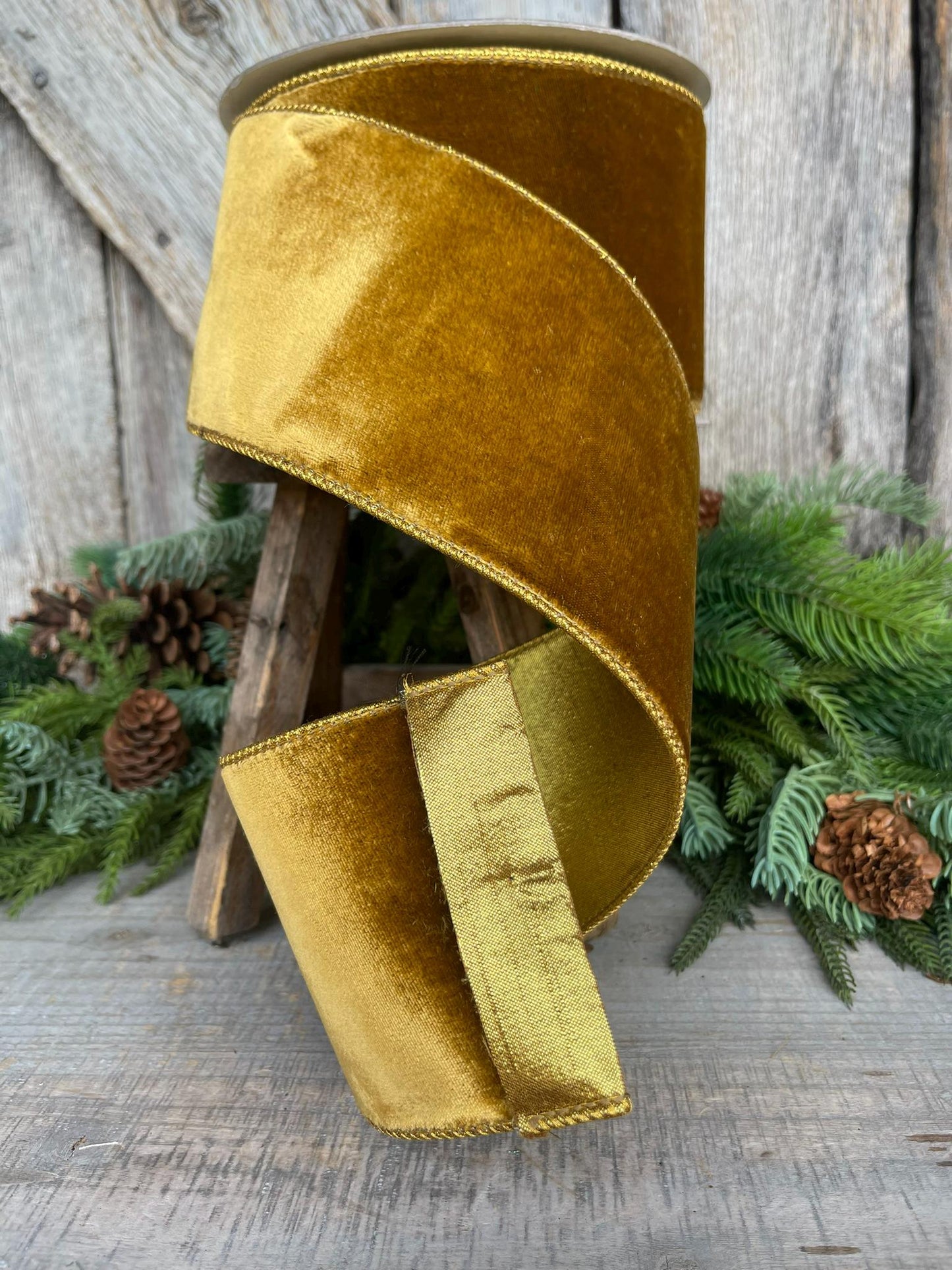 4" Antique Gold Wired Ribbon, Farrisilk Ribbon, Velvet Ribbon