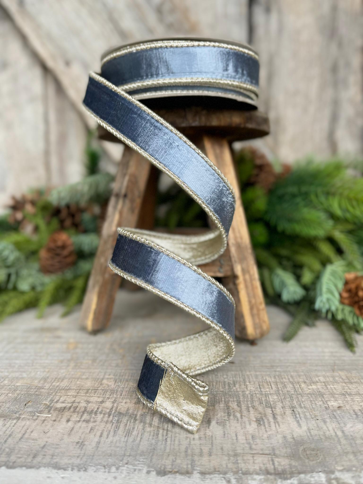 1" Steel Blue Satin Velvet Ribbon, Farrisilk Ribbon