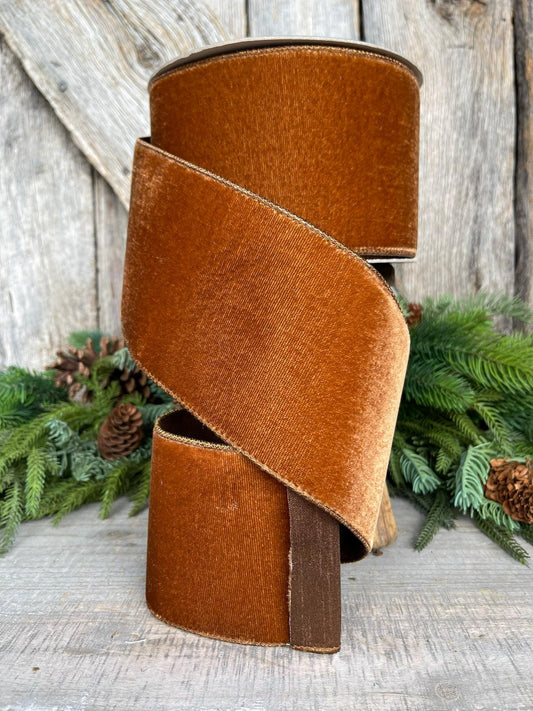 4” Pecan Brown Velvet Ribbon, Farrisilk ribbon, Velvet ribbon