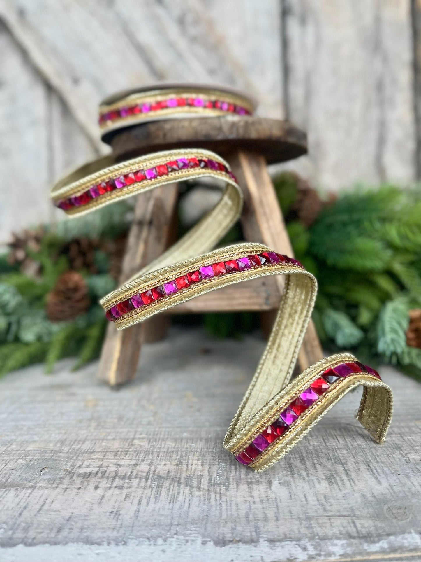 3/4" Hot Pink Red Jeweled Ribbon, Farrisilk Ribbon, Red and Pink Jewelry Garland