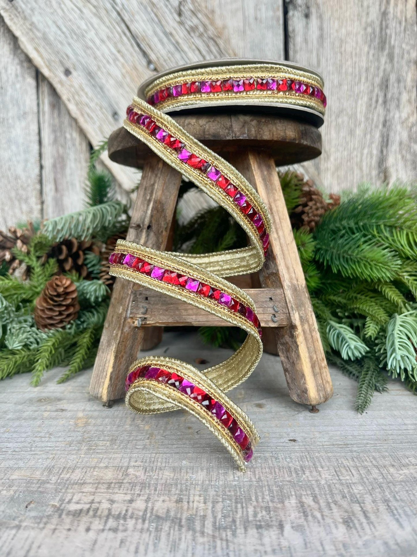 3/4" Hot Pink Red Jeweled Ribbon, Farrisilk Ribbon, Red and Pink Jewelry Garland