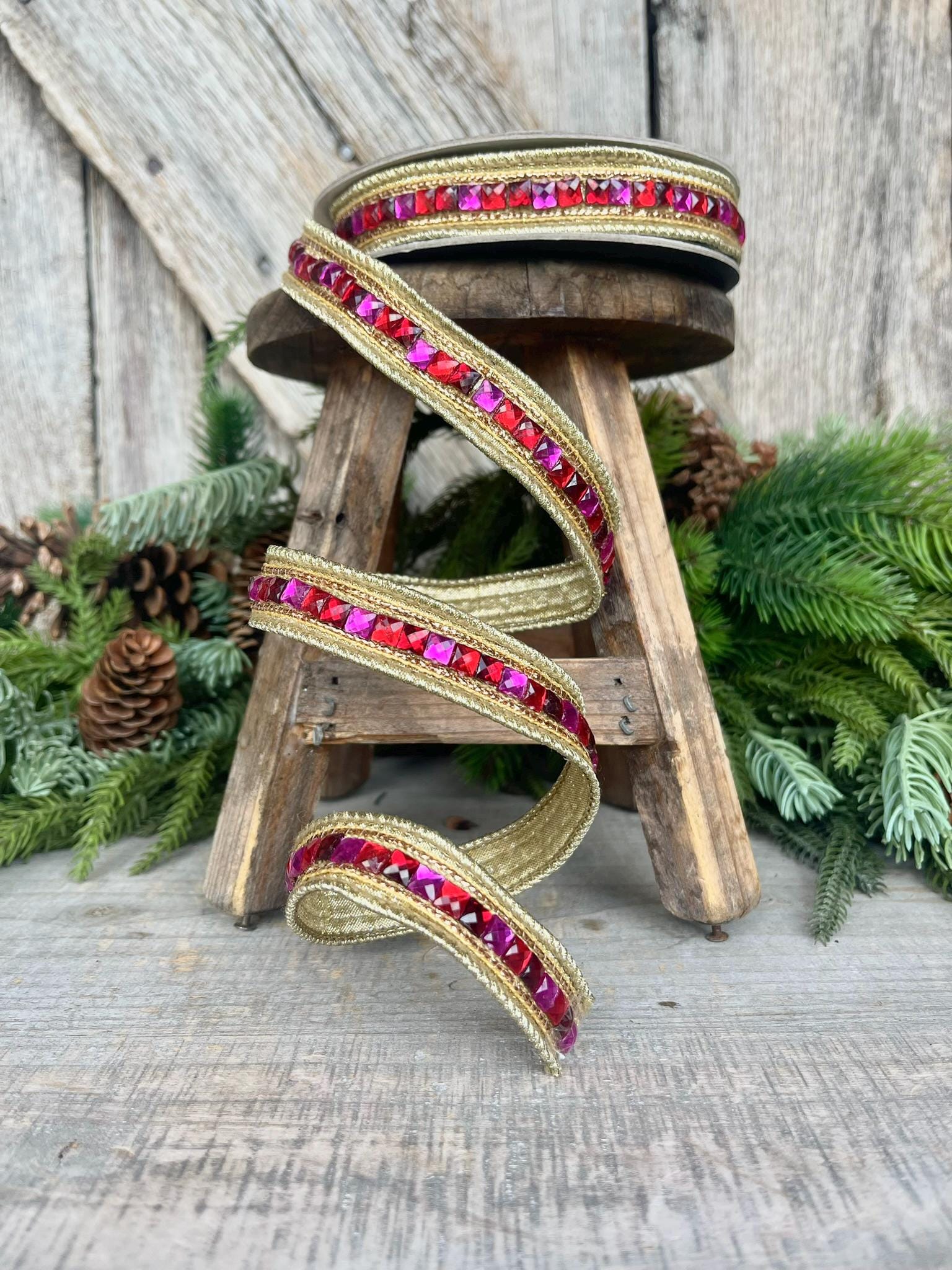 3/4" Hot Pink Red Jeweled Ribbon, Farrisilk Ribbon, Red and Pink Jewelry Garland