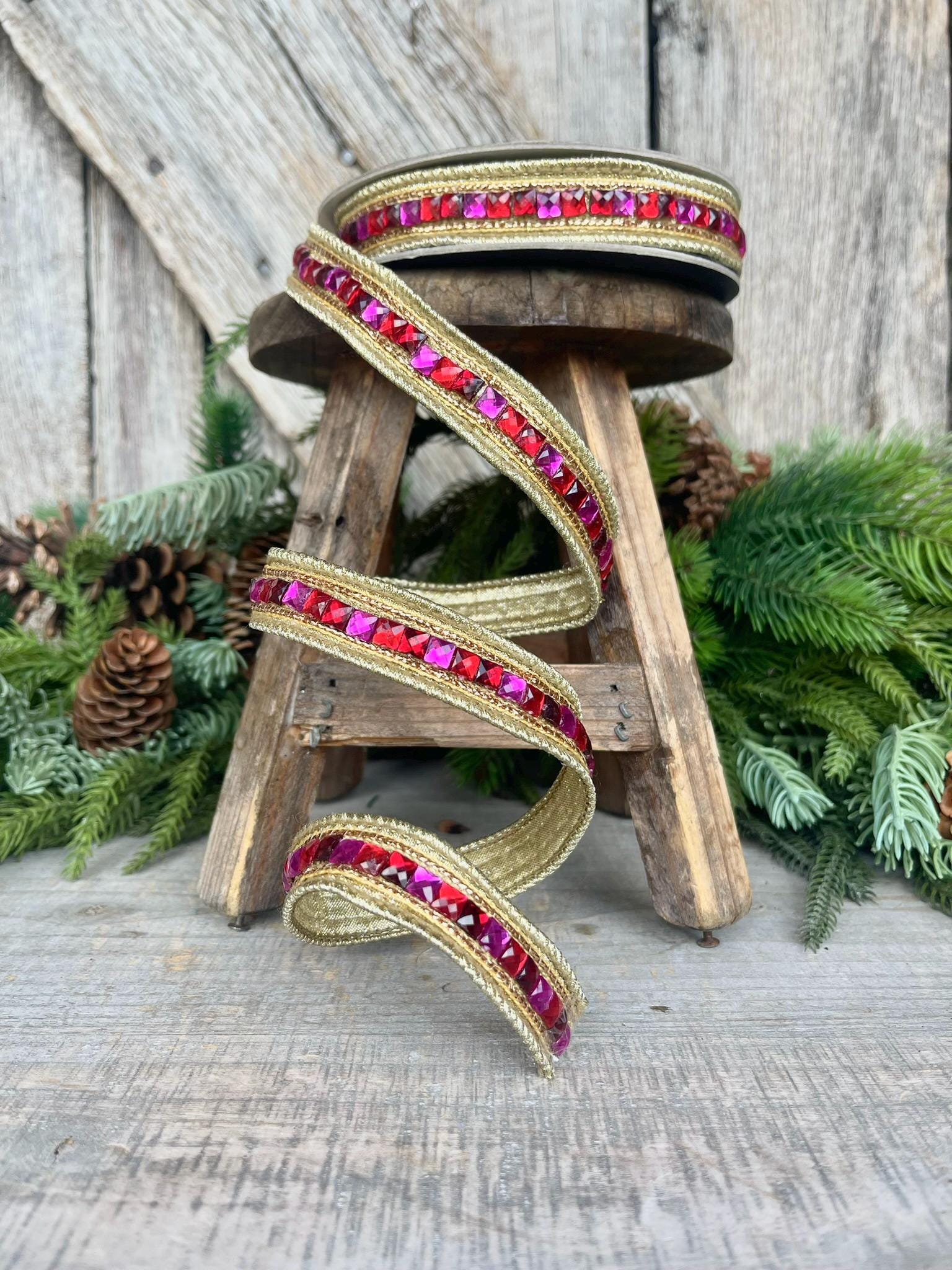 3/4" Hot Pink Red Jeweled Ribbon, Farrisilk Ribbon, Red and Pink Jewelry Garland