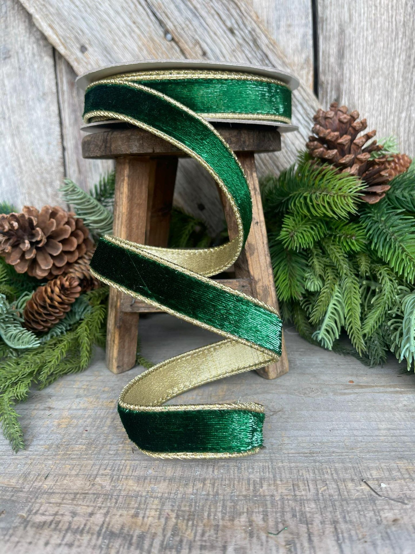 1" Emerald and Gold Velvet Sheen Ribbon, Green Velvet Ribbon, Wired Ribbon
