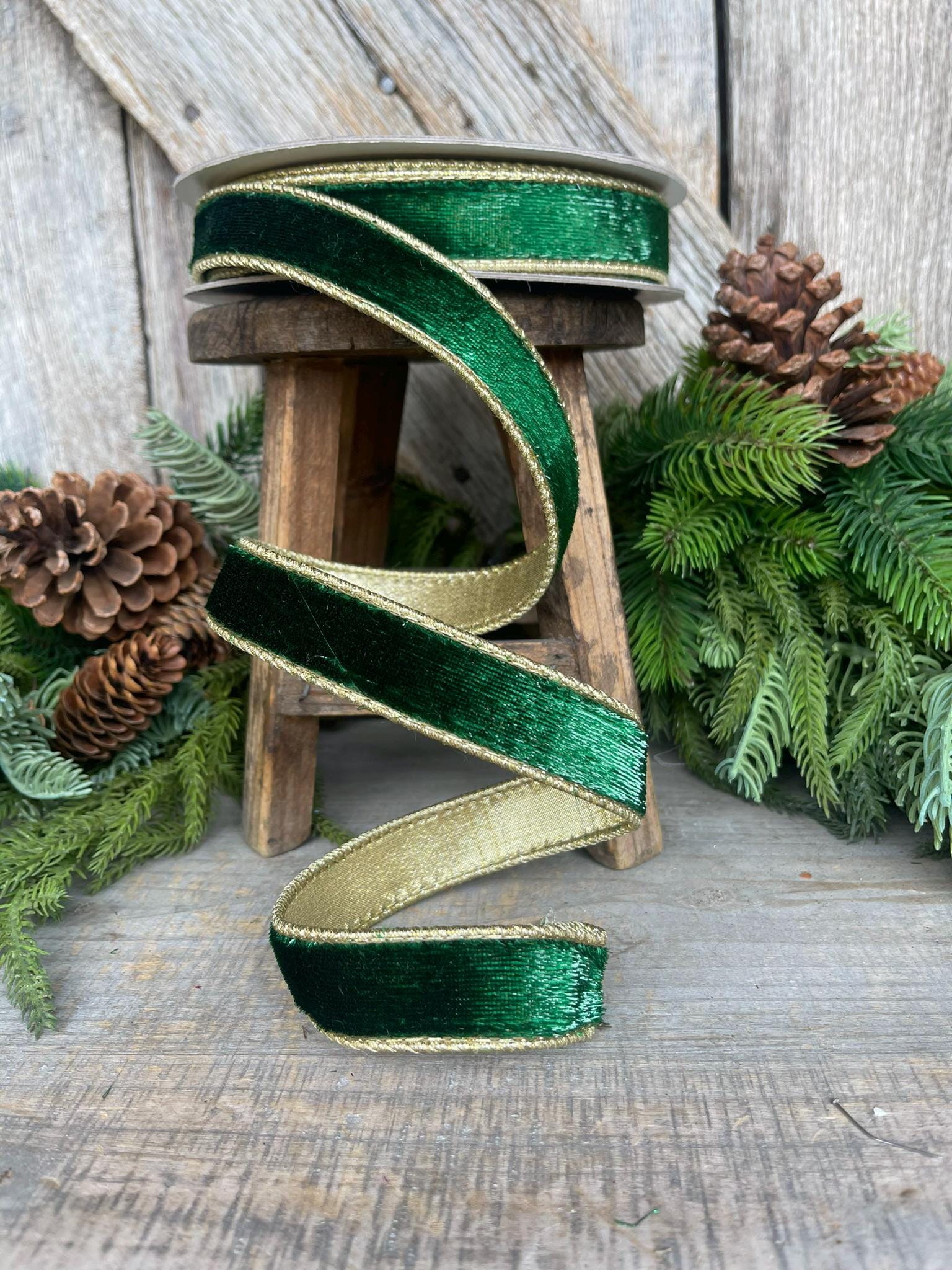 1" Emerald and Gold Velvet Sheen Ribbon, Green Velvet Ribbon, Wired Ribbon