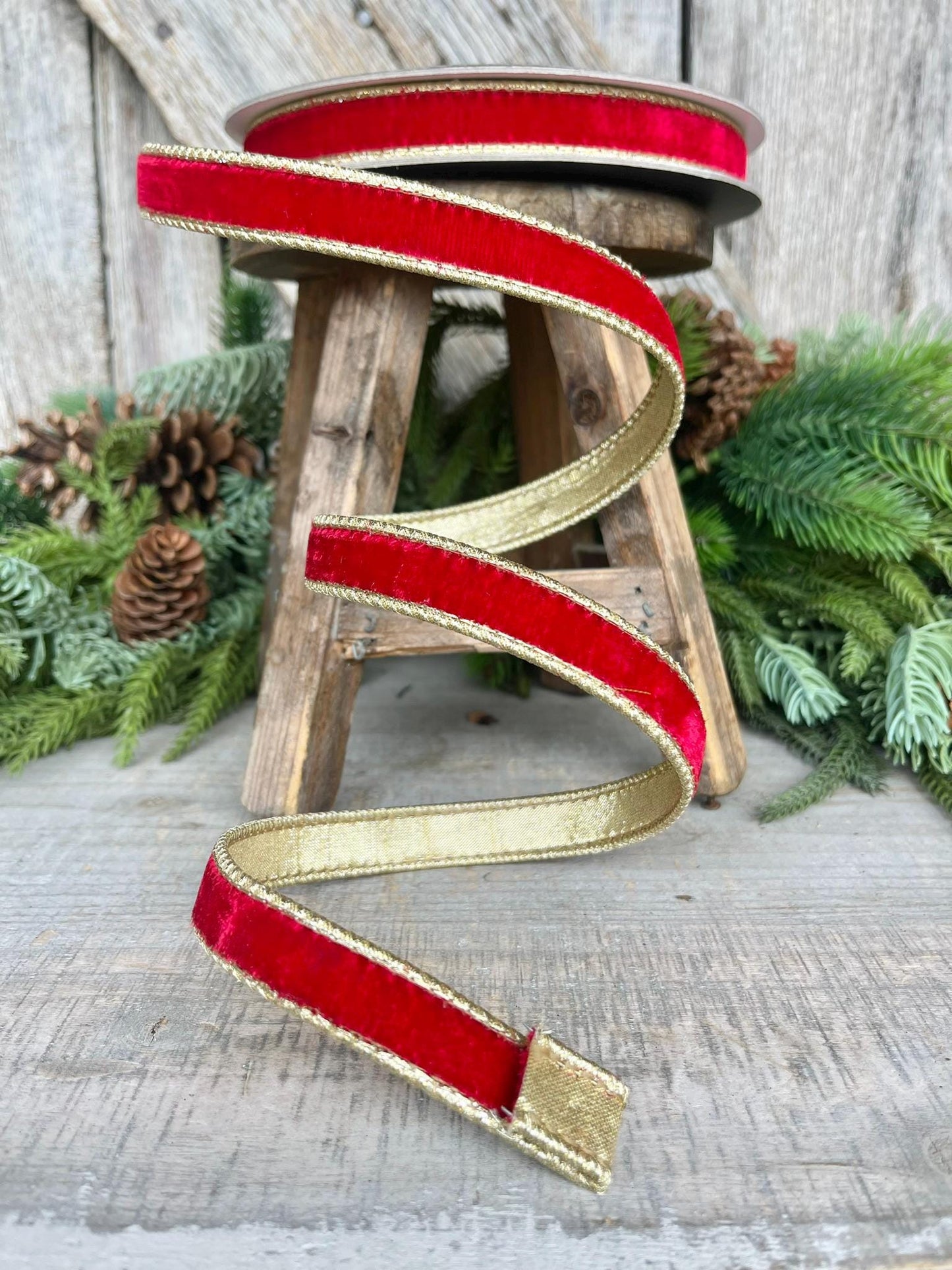 3/4" Red Flashy Velvet, Farrisilk Ribbon, Wired Ribbon