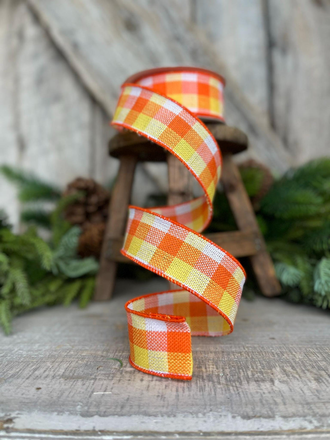 1.5" Candy Corn Plaid Ribbon, Wired RIbbon