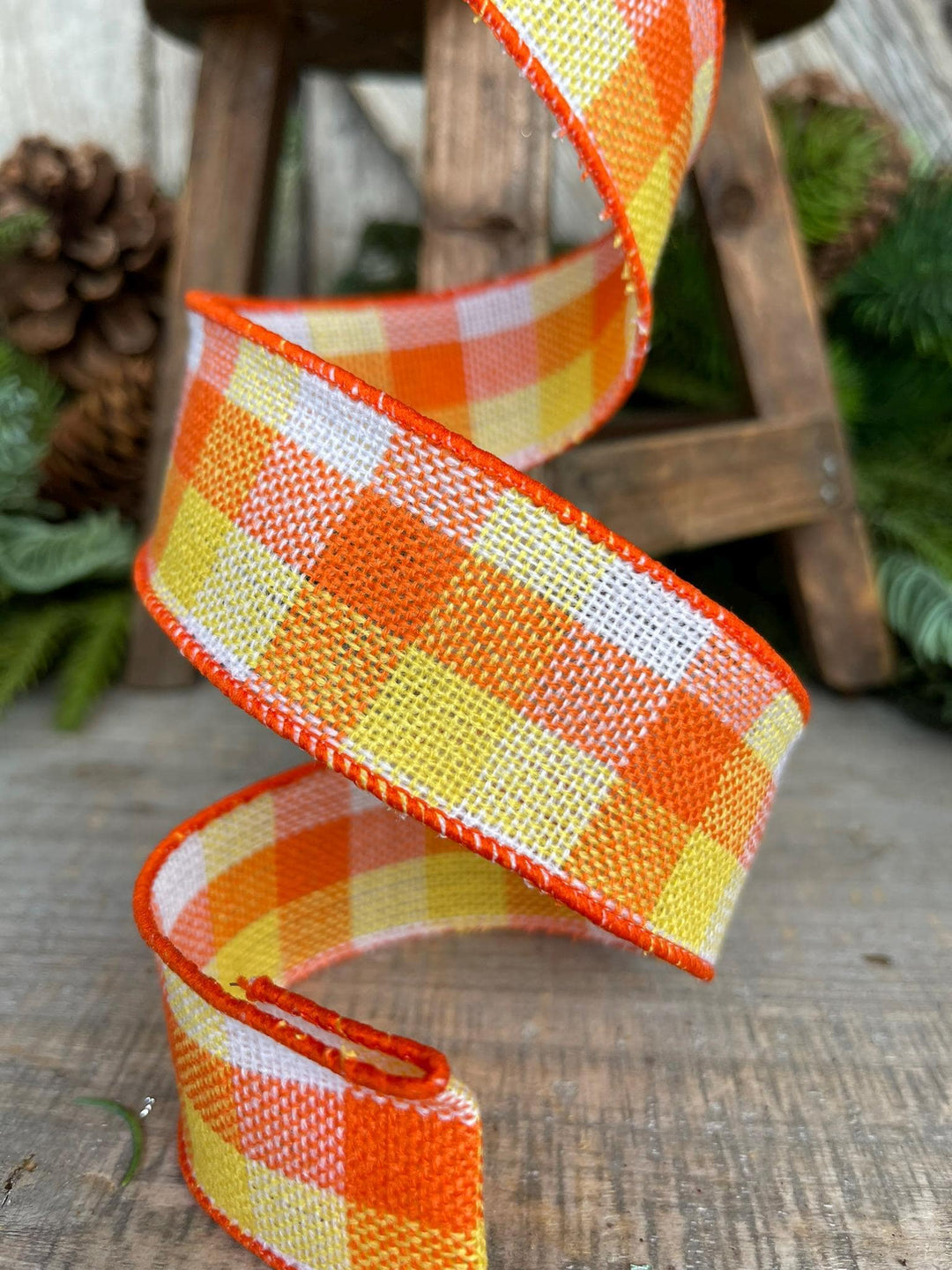 1.5" Candy Corn Plaid Ribbon, Wired RIbbon