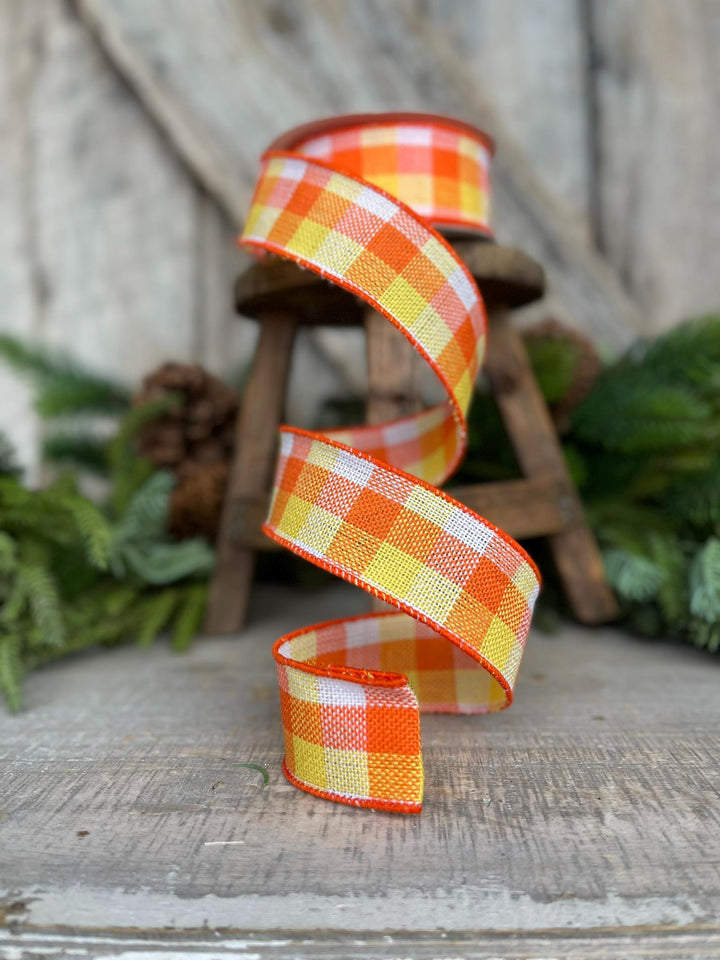 1.5" Candy Corn Plaid Ribbon, Wired RIbbon