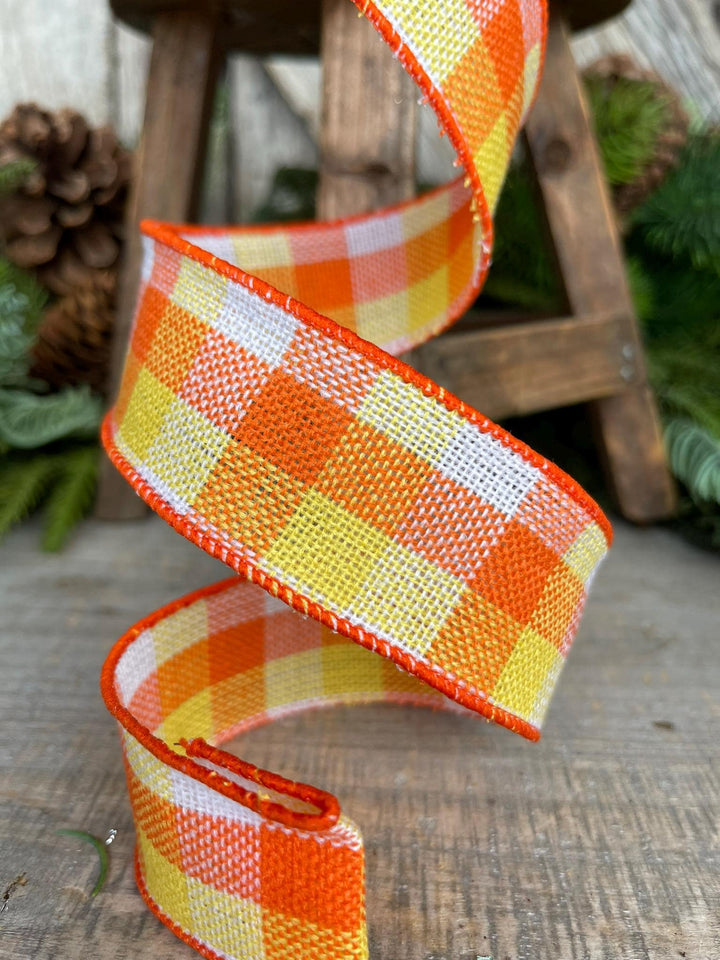 1.5" Candy Corn Plaid Ribbon, Wired RIbbon