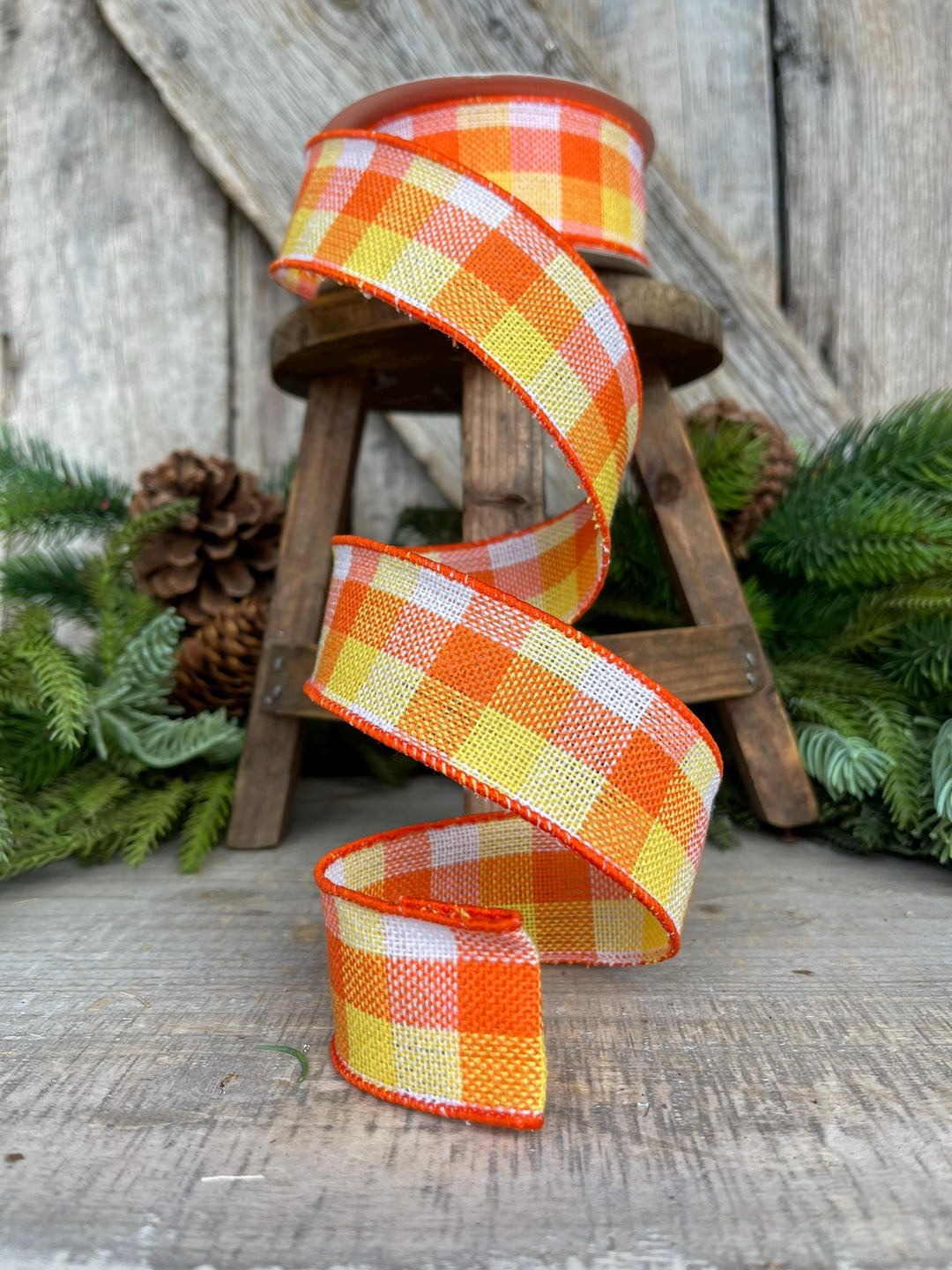 1.5" Candy Corn Plaid Ribbon, Wired RIbbon