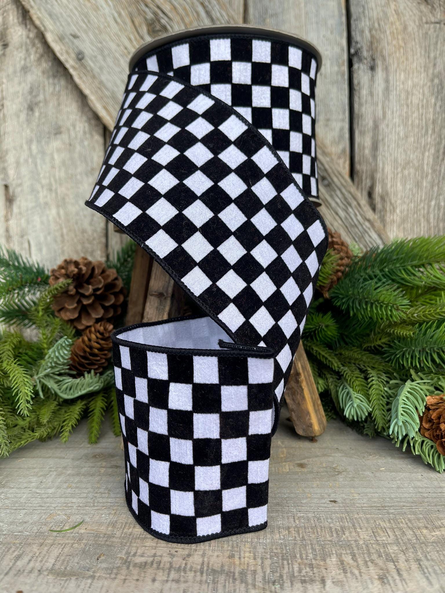 4" Black and White Retro Checks Ribbon, Farrisilk Ribbon, Flocked Ribbon,Halloween Ribbon
