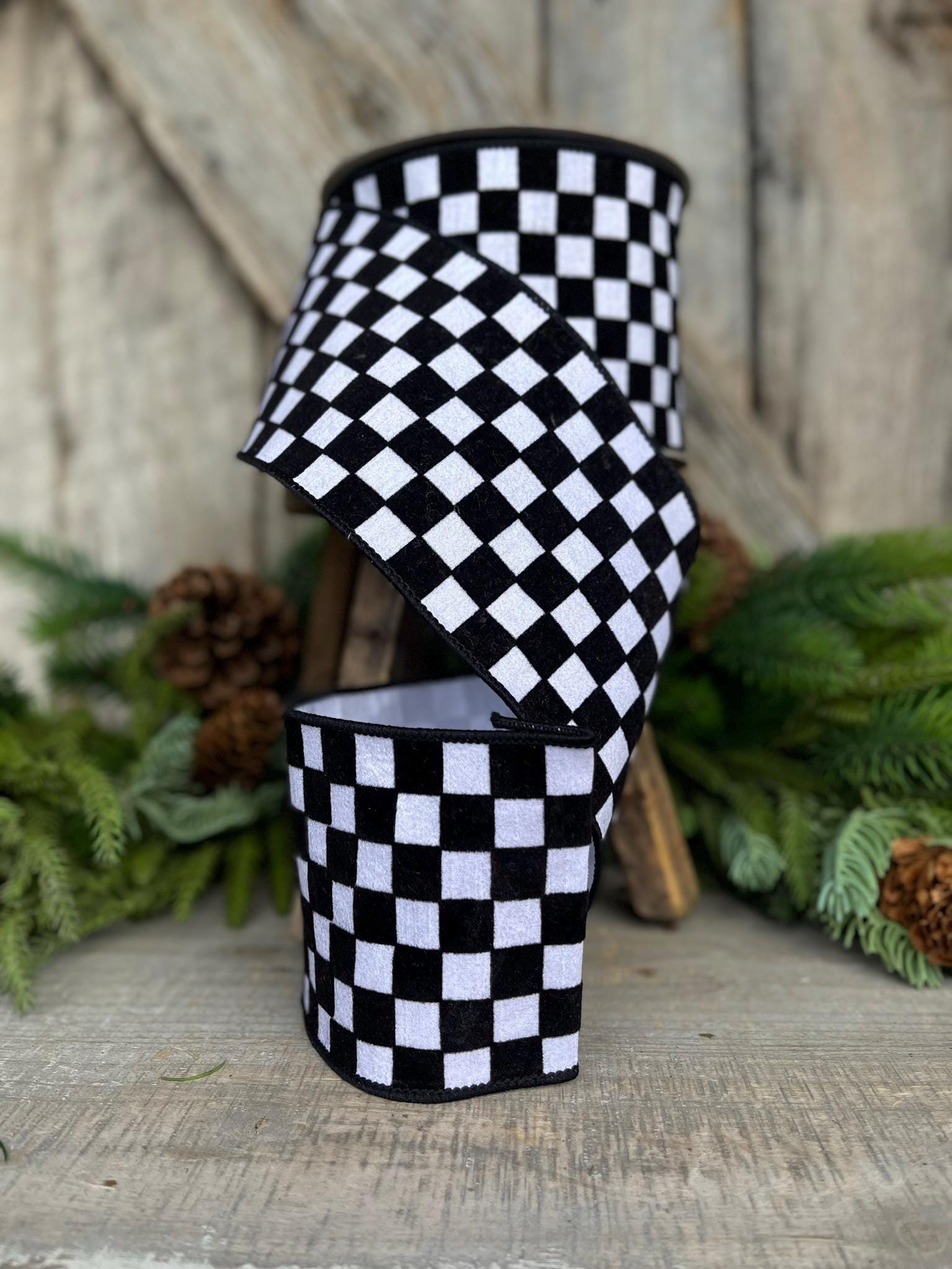 4" Black and White Retro Checks Ribbon, Farrisilk Ribbon, Flocked Ribbon,Halloween Ribbon