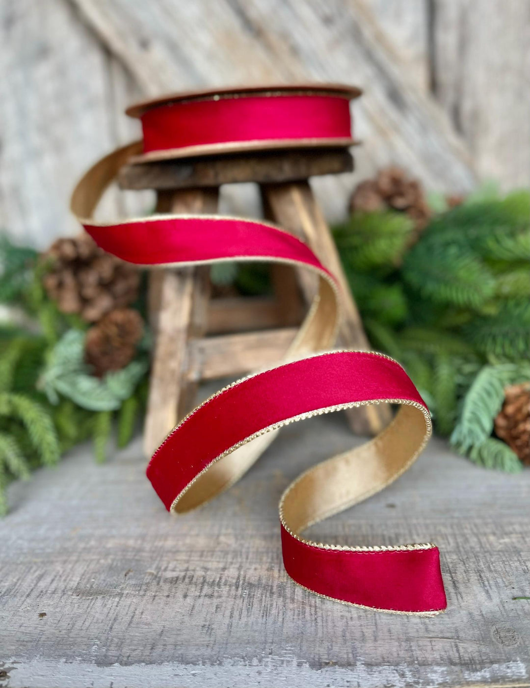 1" Red Gold Velvet Ribbon, Red Velvet Ribbon, Christmas RIbbon