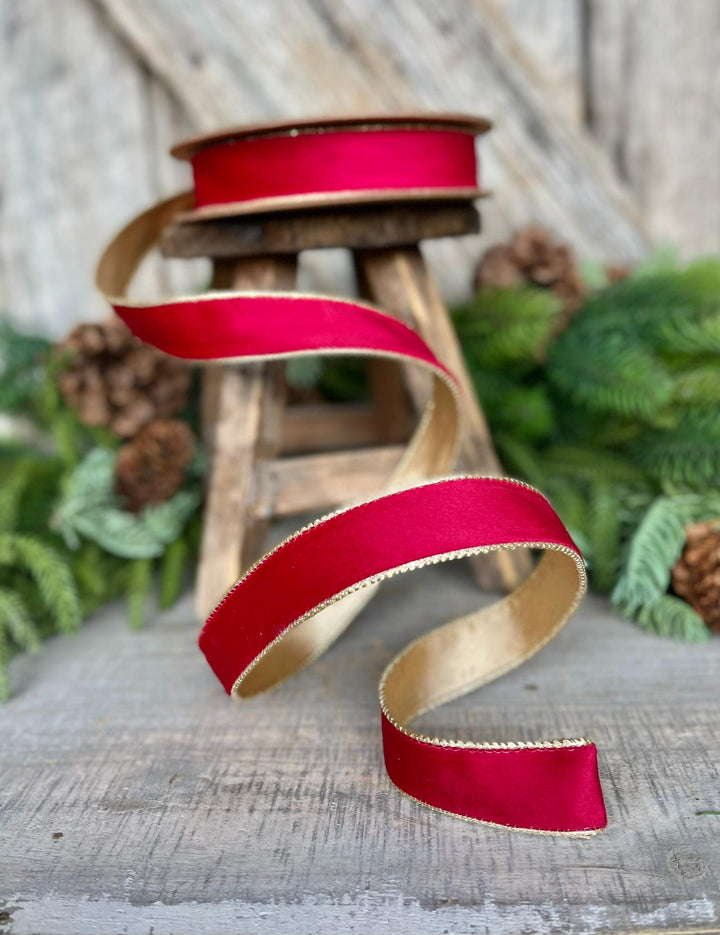 1" Red Gold Velvet Ribbon, Red Velvet Ribbon, Christmas RIbbon