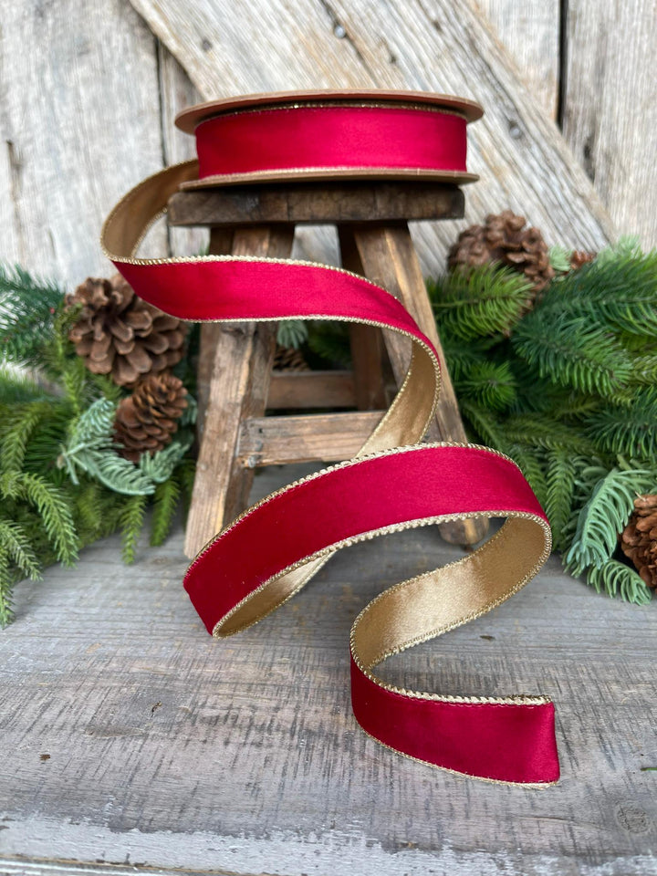 1" Red Gold Velvet Ribbon, Red Velvet Ribbon, Christmas RIbbon