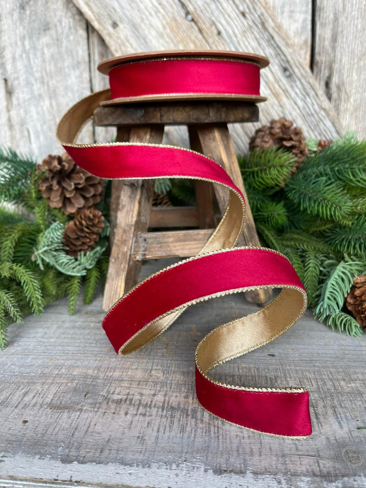 1" Red Gold Velvet Ribbon, Red Velvet Ribbon, Christmas RIbbon