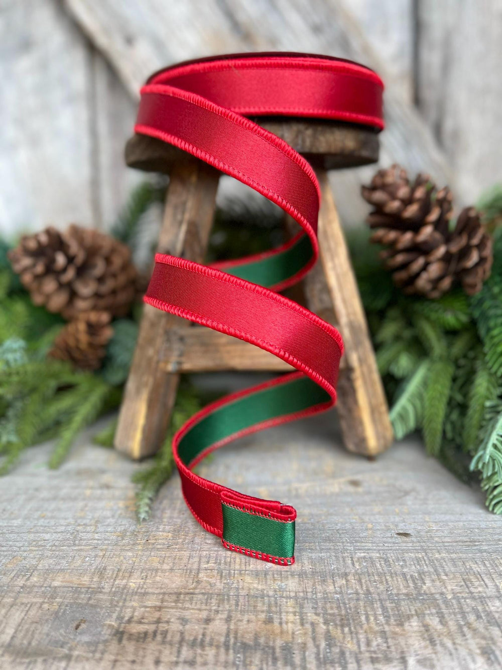 1" Red Green Satin Duo Ribbon, Farrisilk Ribbon, Christmas Ribbon
