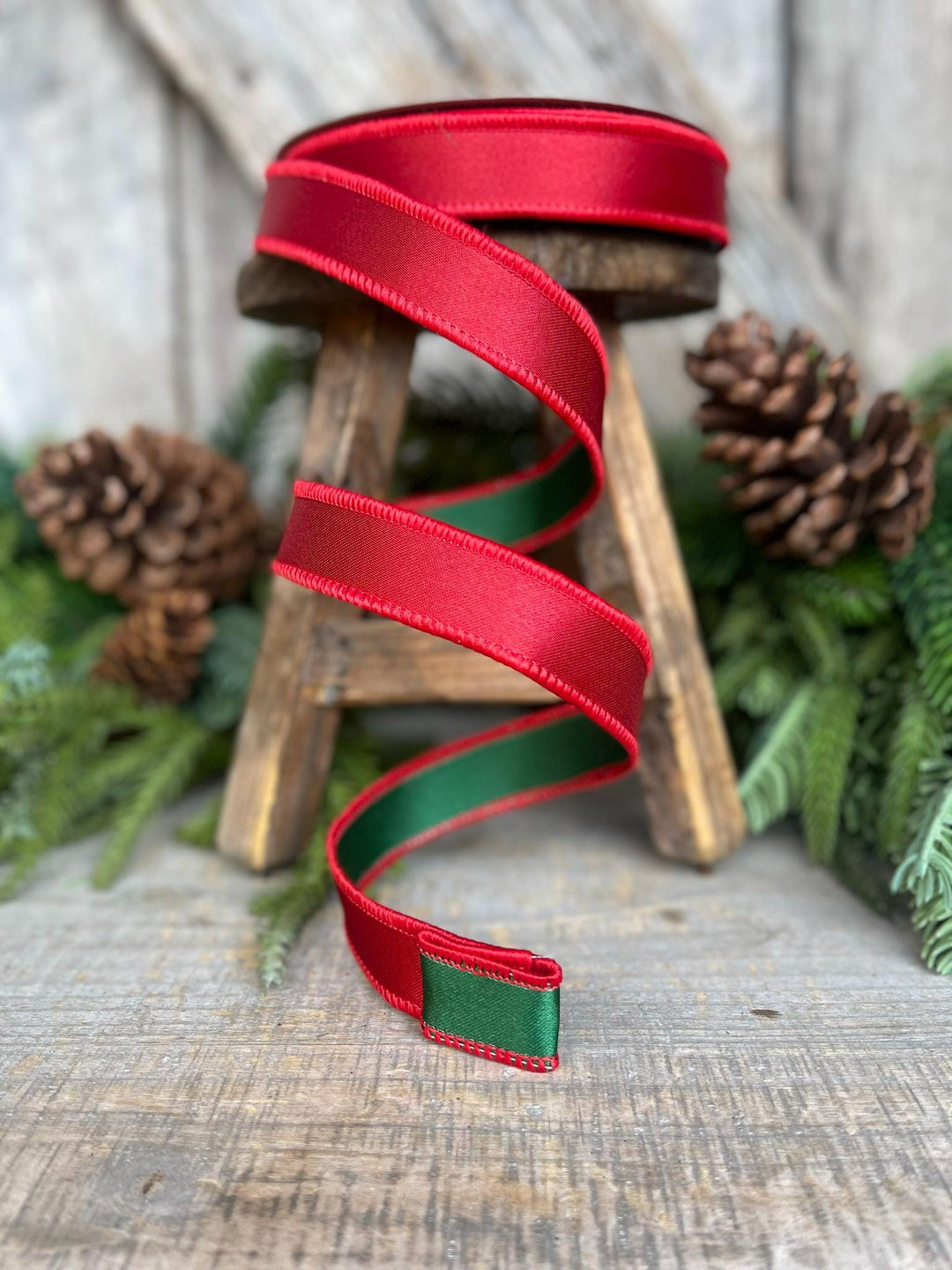 1" Red Green Satin Duo Ribbon, Farrisilk Ribbon, Christmas Ribbon