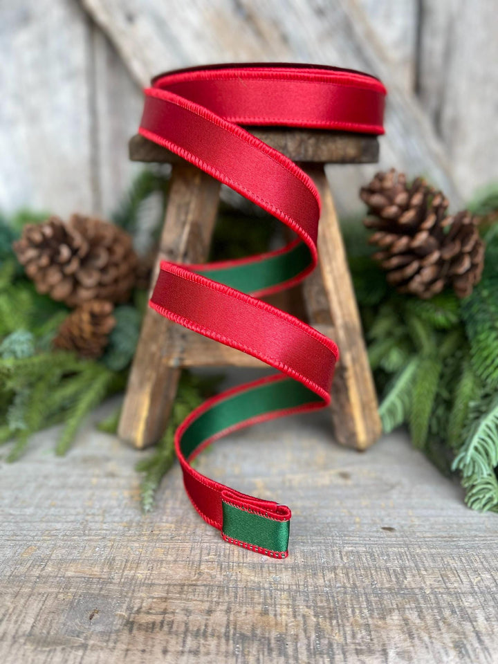 1" Red Green Satin Duo Ribbon, Farrisilk Ribbon, Christmas Ribbon