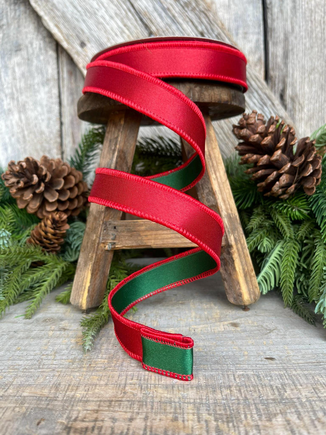 1" Red Green Satin Duo Ribbon, Farrisilk Ribbon, Christmas Ribbon