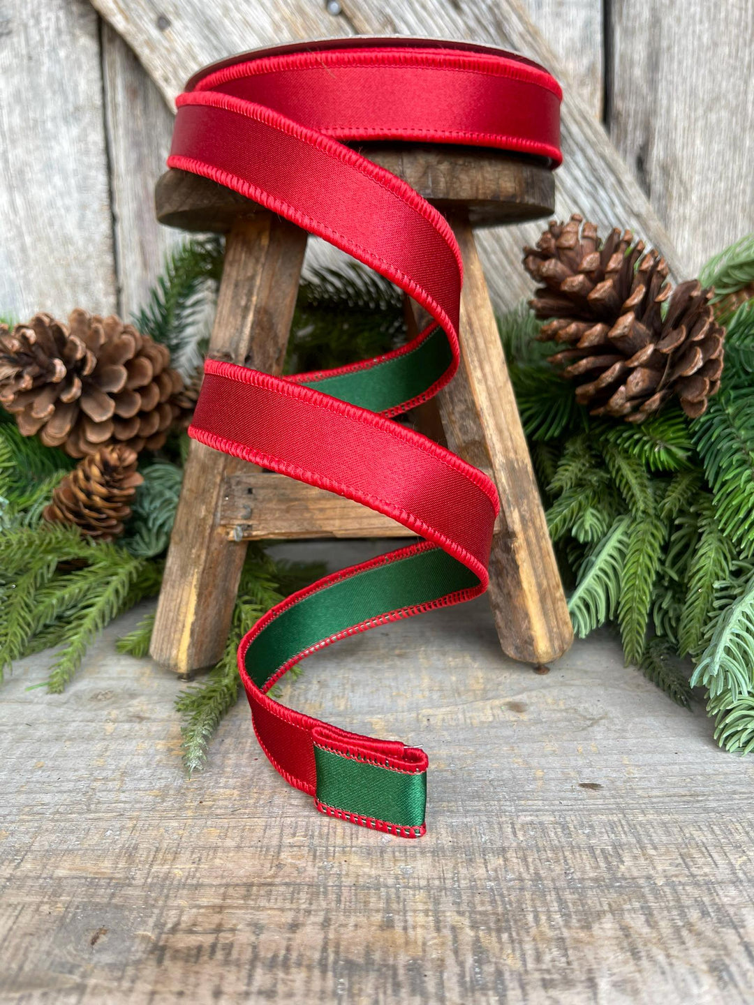 1" Red Green Satin Duo Ribbon, Farrisilk Ribbon, Christmas Ribbon