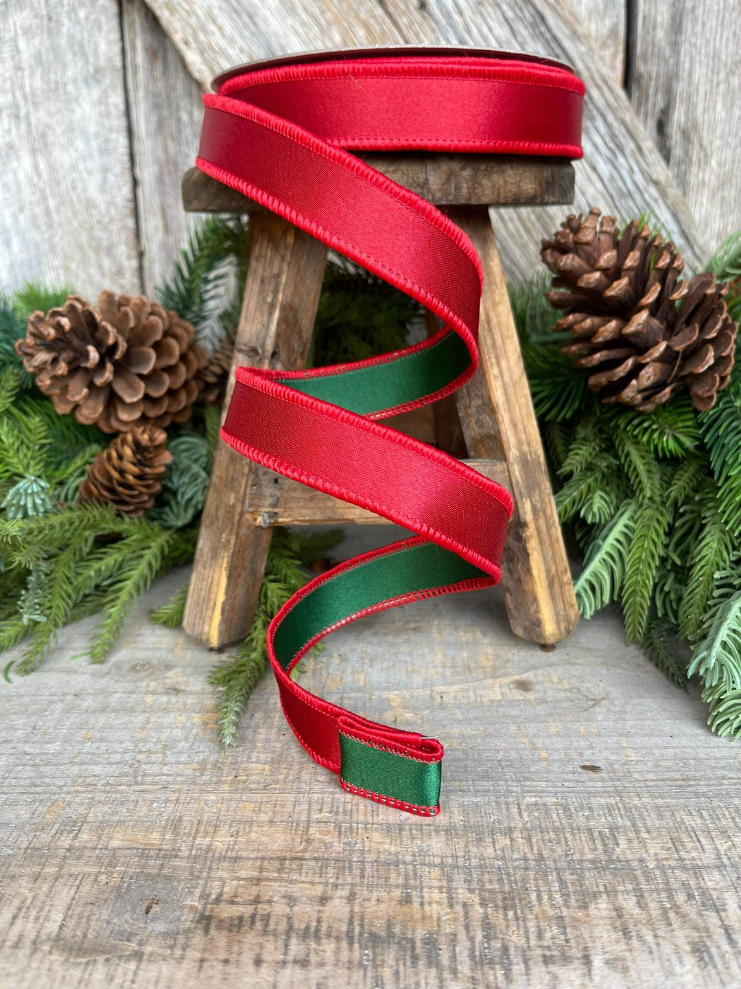 1" Red Green Satin Duo Ribbon, Farrisilk Ribbon, Christmas Ribbon