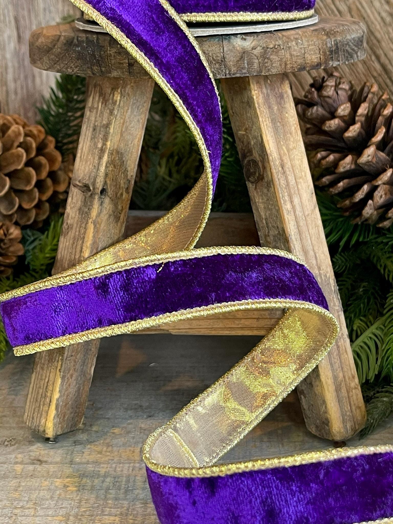 1" Purple Velvet Ribbon, Royal Purple Ribbon, Wired Ribbon