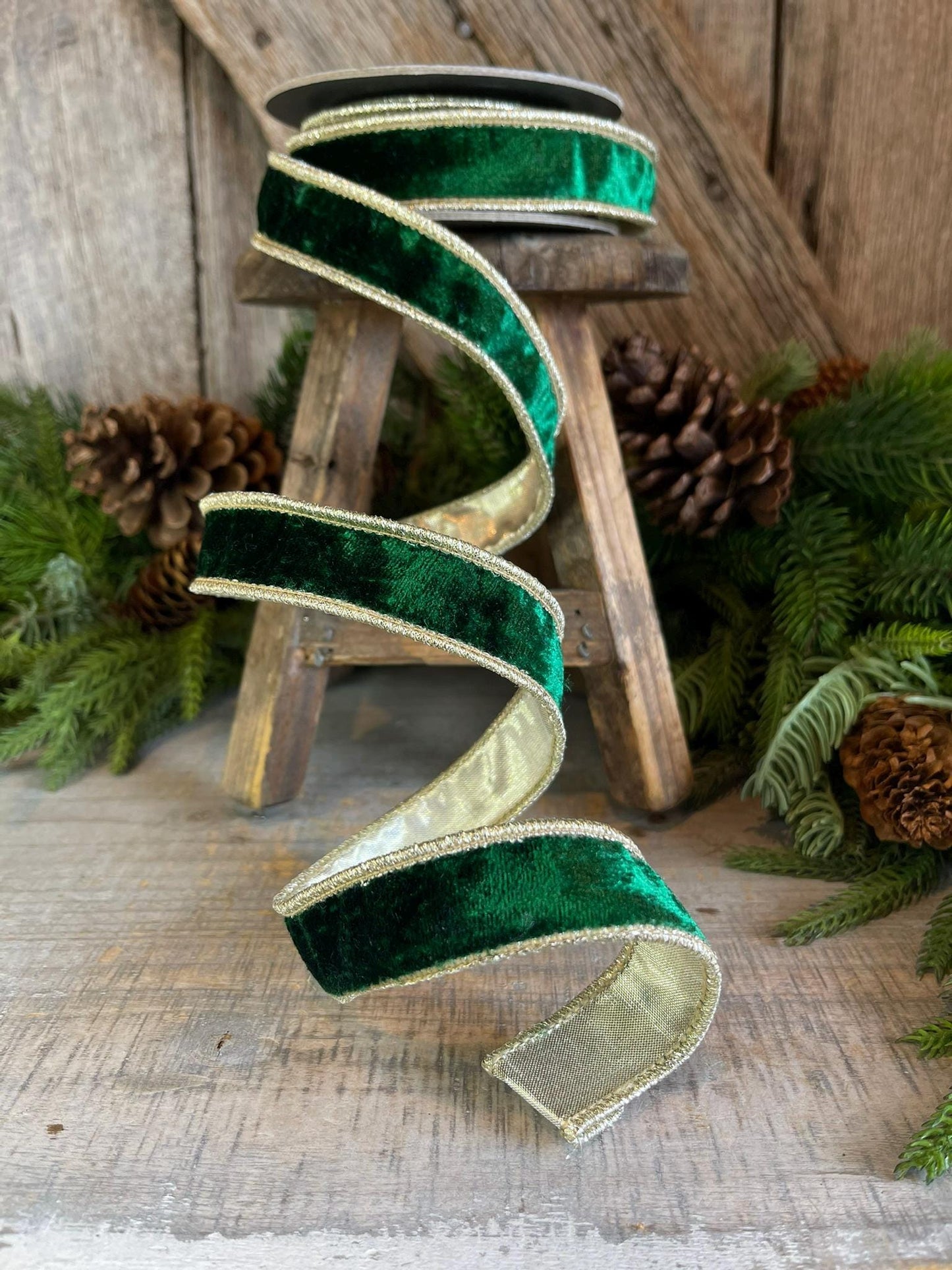 1" Emerald and Gold Velvet Ribbon, Emerald Green Velvet Ribbon, Wired Ribbon
