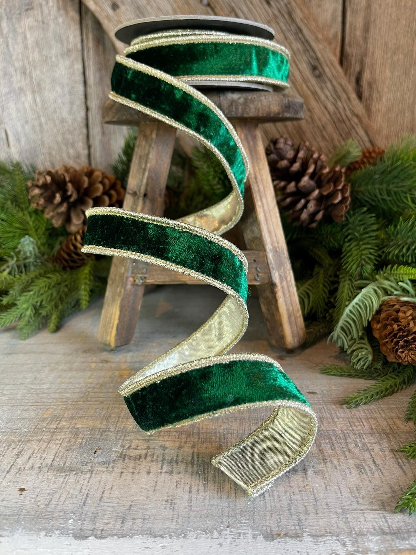1" Emerald and Gold Velvet Ribbon, Emerald Green Velvet Ribbon, Wired Ribbon