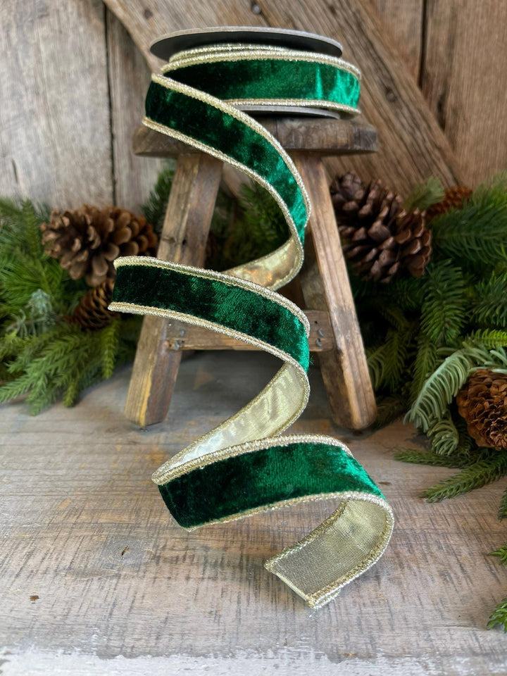 1" Emerald and Gold Velvet Ribbon, Emerald Green Velvet Ribbon, Wired Ribbon