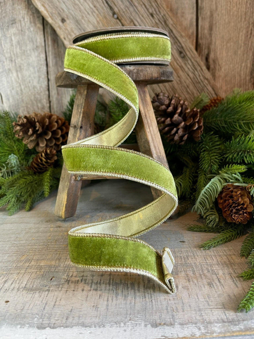 1" Moss Green Velvet Ribbon, Lime Green Velvet Ribbon, Wired Ribbon
