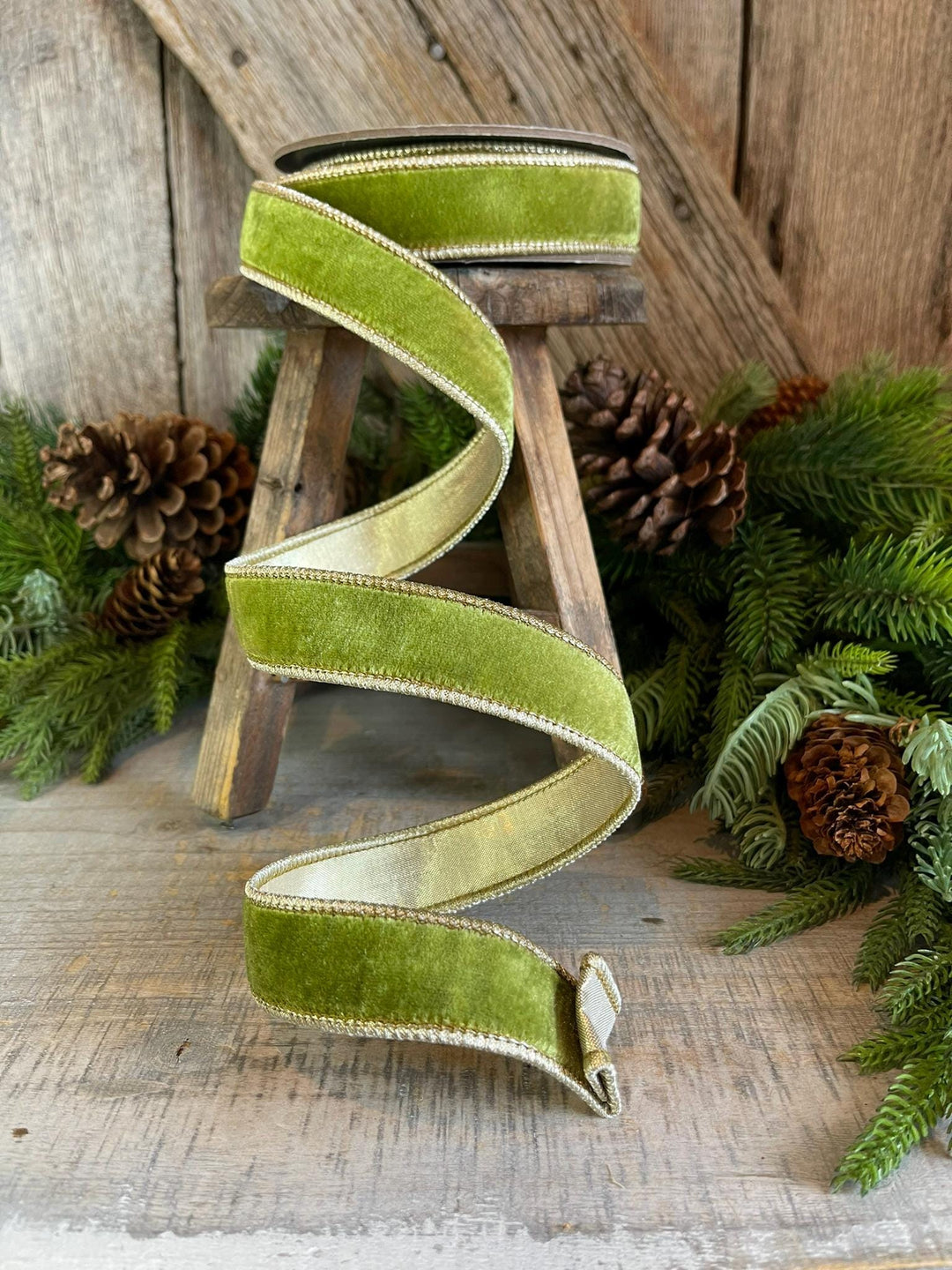 1" Moss Green Velvet Ribbon, Lime Green Velvet Ribbon, Wired Ribbon