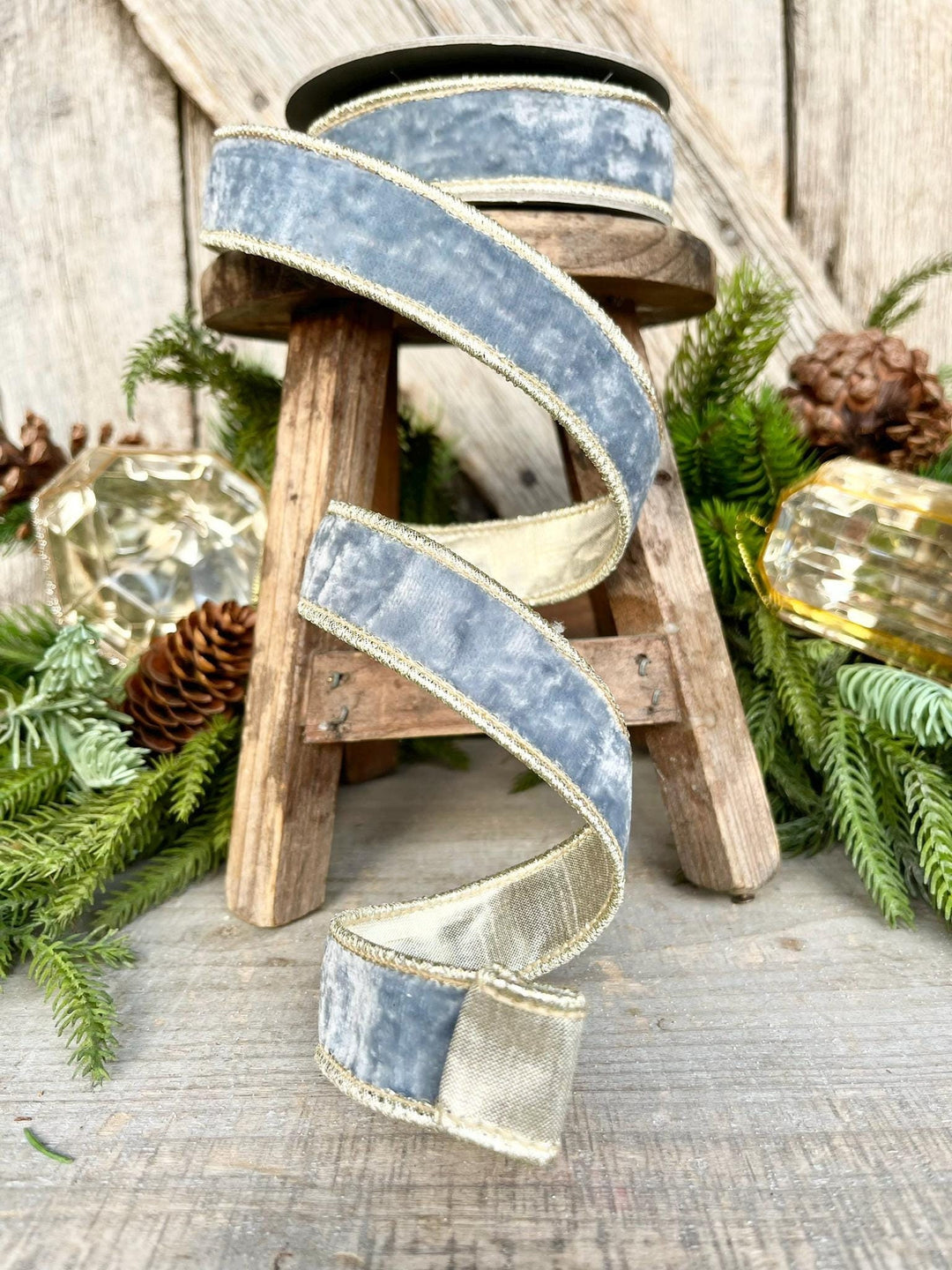 1" French Blue Velvet, Light Blue Velvet Ribbon, Wired Ribbon