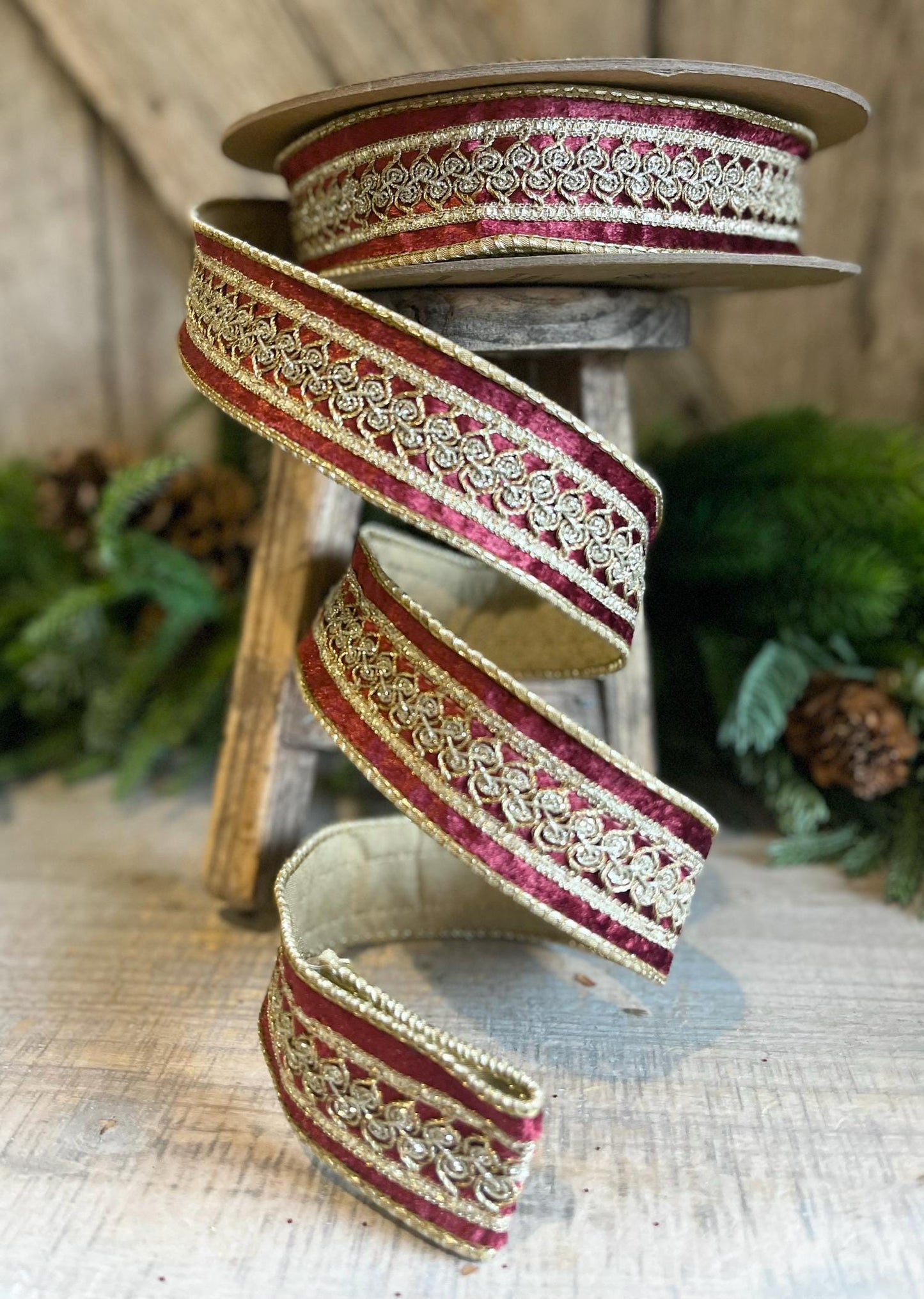1.5" Burgundy Velvet Trim RIbbon, Red Christmas RIbbon, Burgundy Designer Ribbon