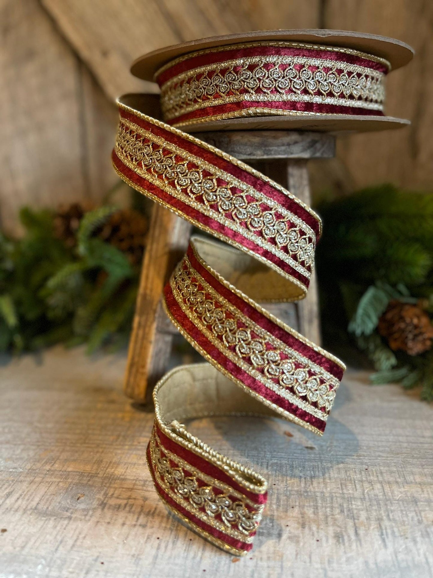 1.5" Burgundy Velvet Trim RIbbon, Red Christmas RIbbon, Burgundy Designer Ribbon
