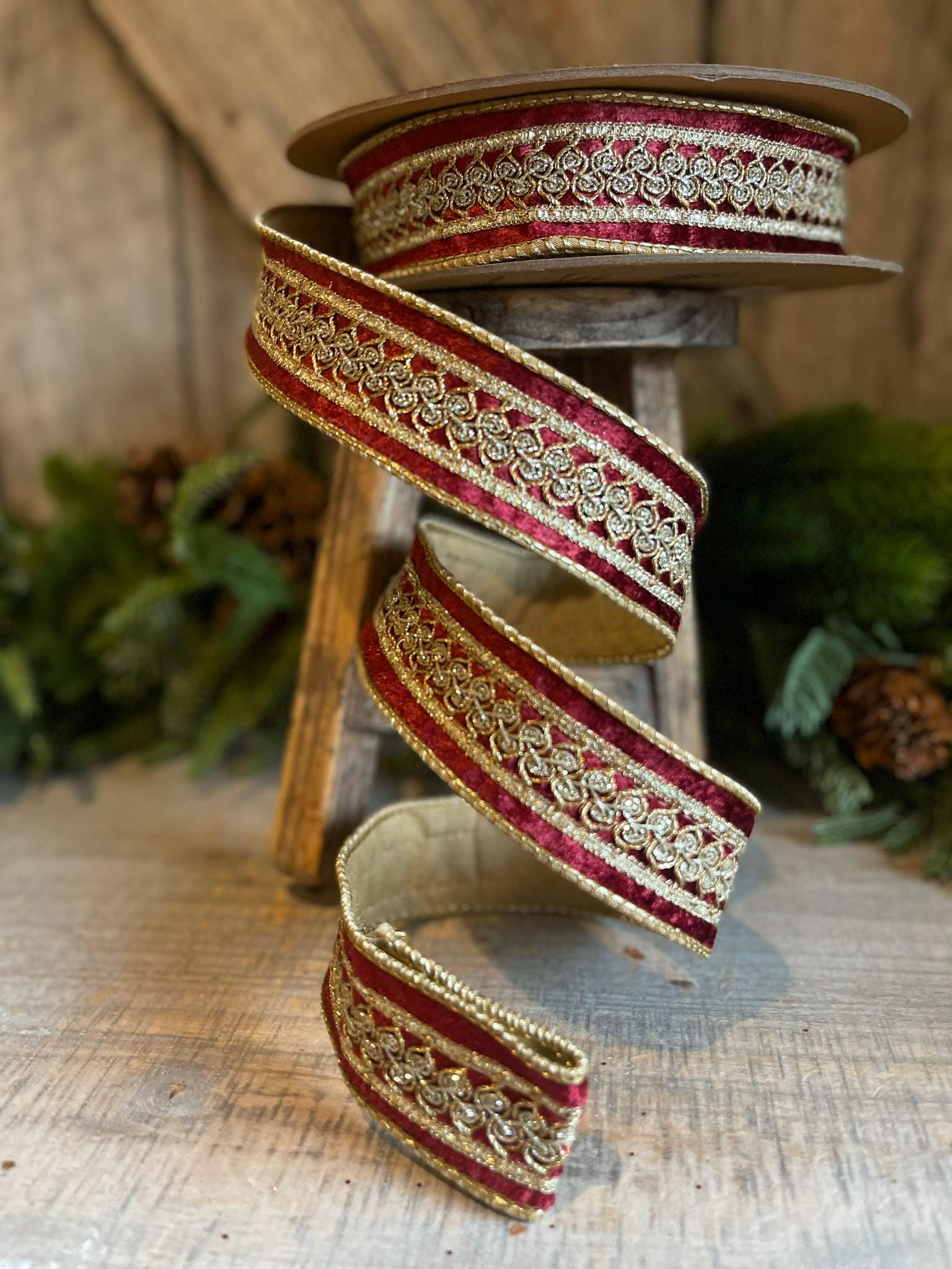 1.5" Burgundy Velvet Trim RIbbon, Red Christmas RIbbon, Burgundy Designer Ribbon