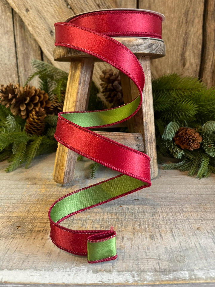 1" Ruby Green Satin Ribbon, Farrisilk Ribbon, Wired Ribbon