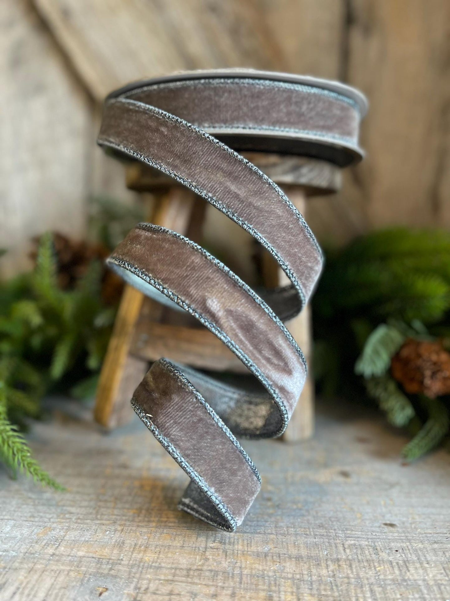 1" Gray Velvet Wired Ribbon, Steel Gray Ribbon, Velvet Ribbon