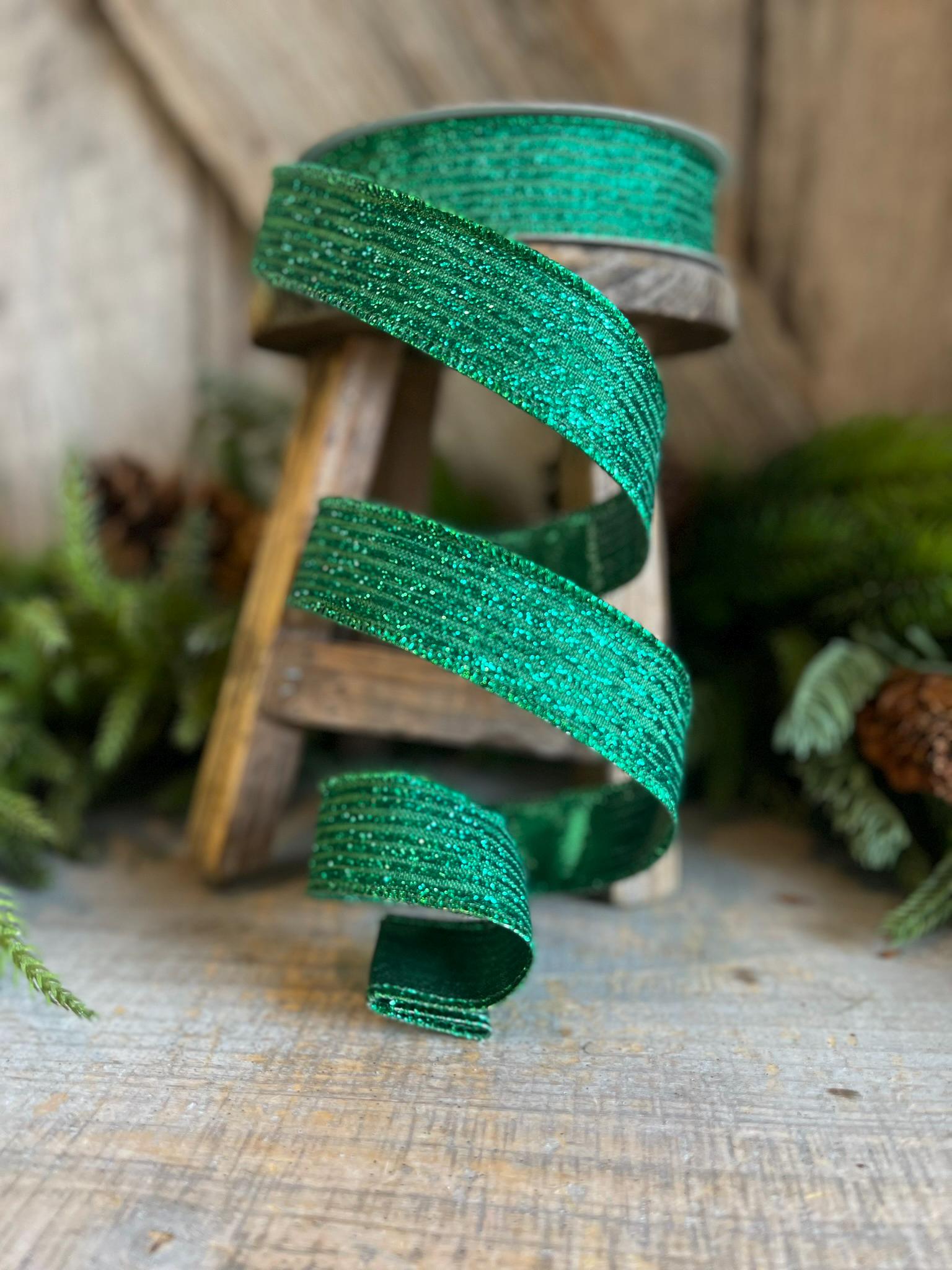 1" Emerald Green Random Stripes Ribbon, Farrisilk ribbon, wired Ribbon
