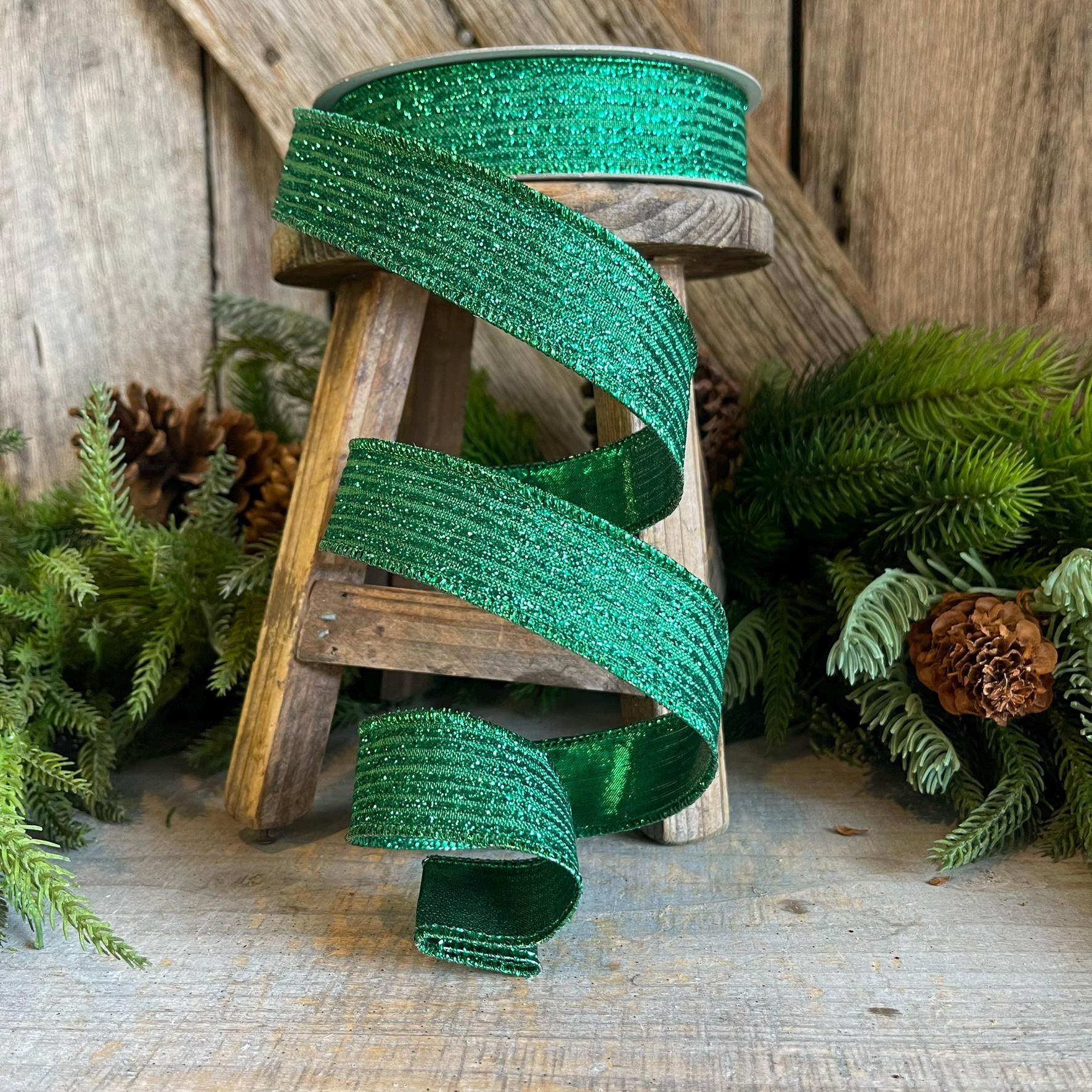 1" Emerald Green Random Stripes Ribbon, Farrisilk ribbon, wired Ribbon
